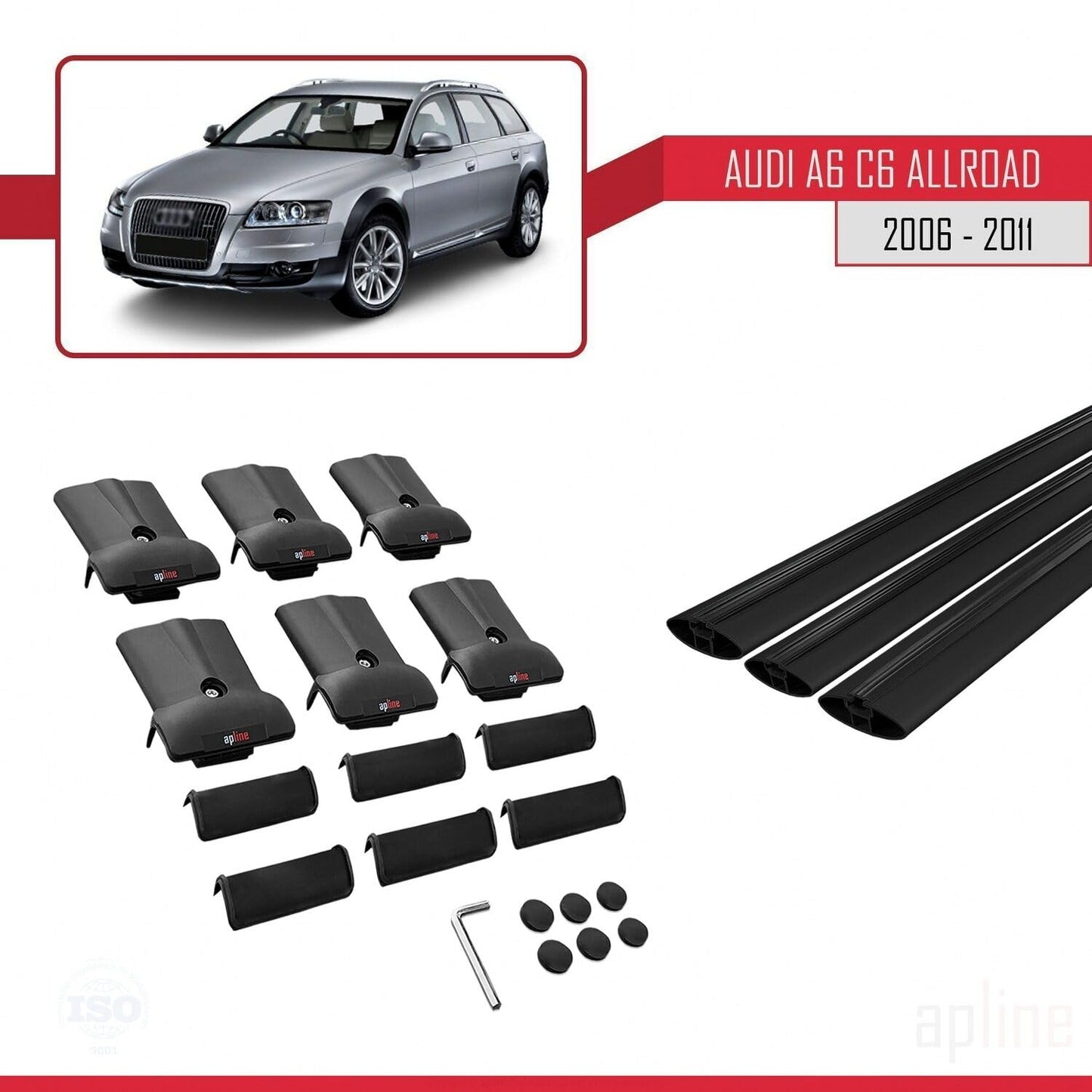 Compatible with Audi A6 (C6) Allroad 2006-2011 Fly Model Car Roof Rack Cross Bar Black Aluminium 3 Bars