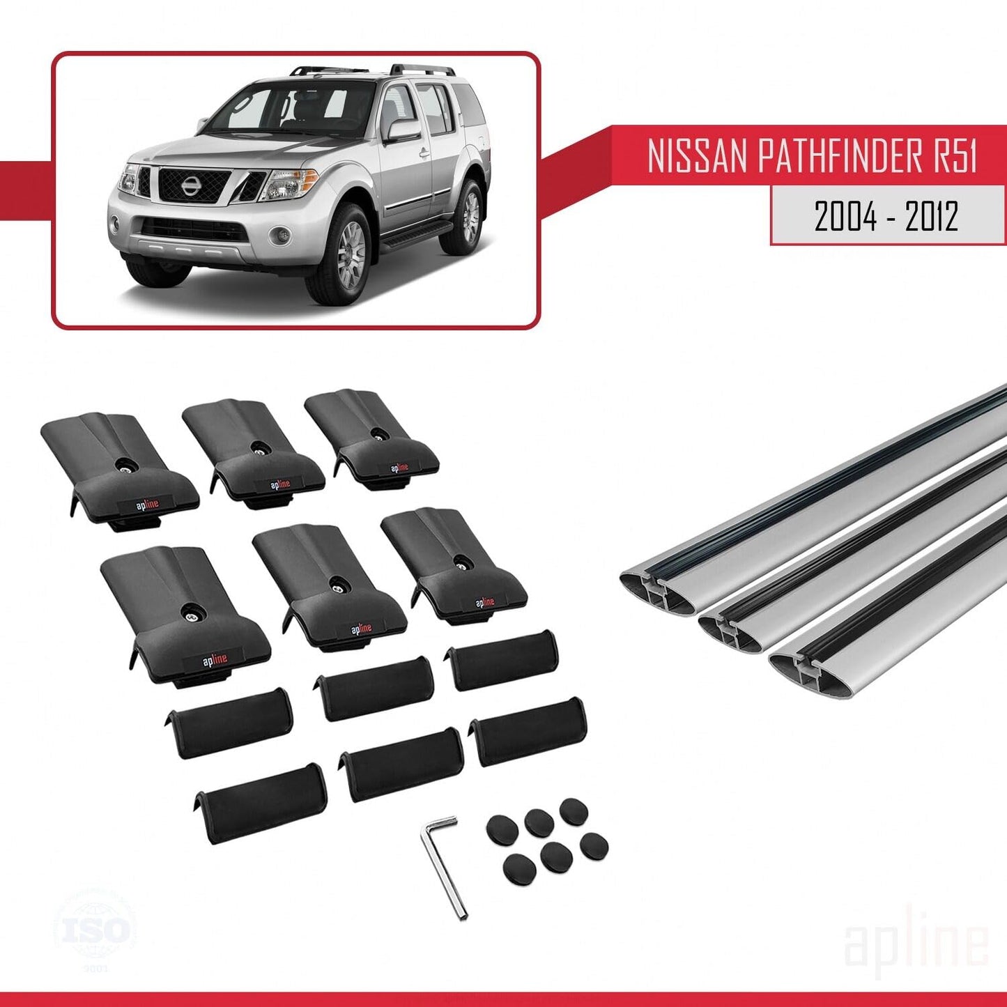 Compatible with Nissan Pathfinder 3 (R51) 2004-2012 Fly Model Car Roof Rack Cross Bar Grey Aluminium 3 Bars