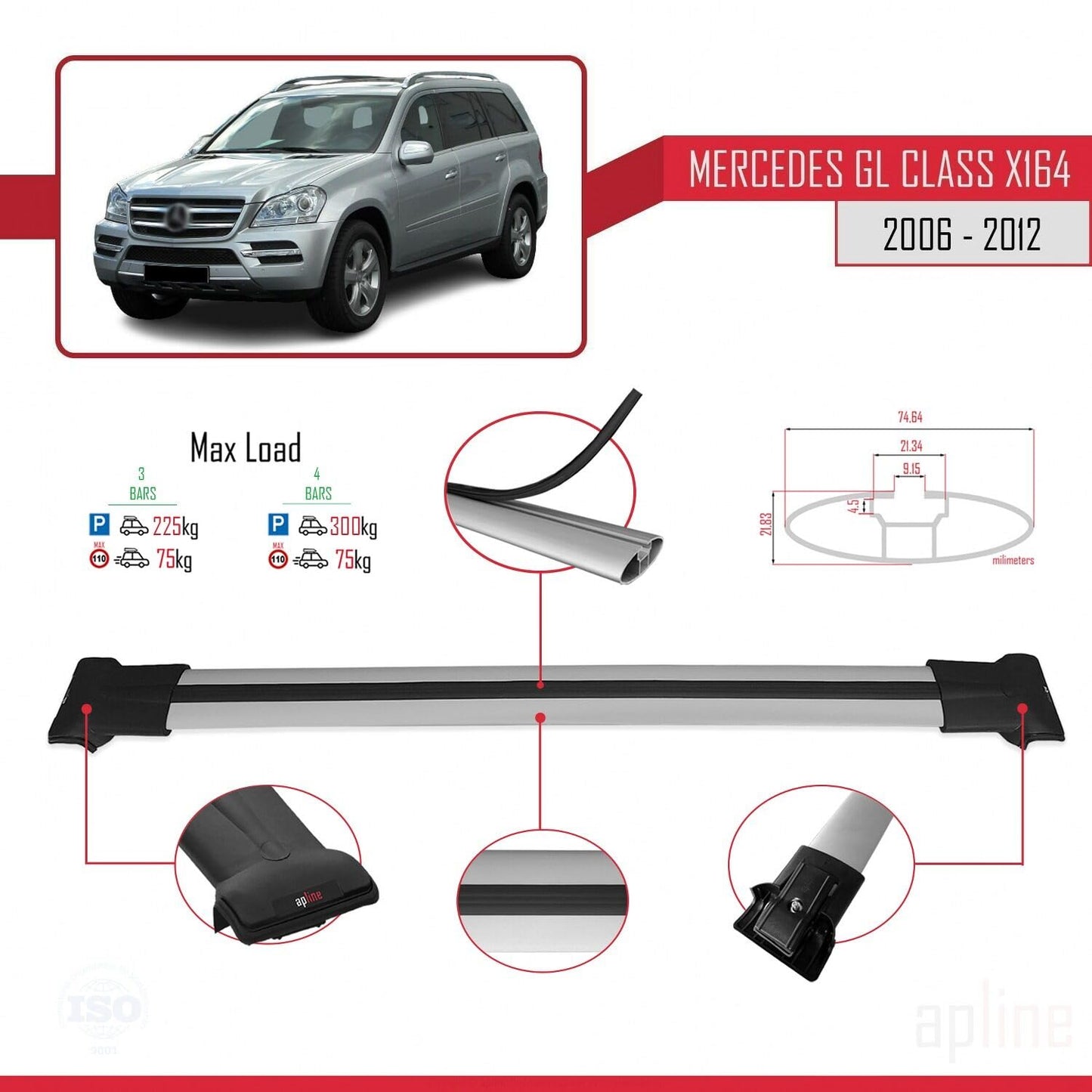 Compatible with Mercedes GL Class (X164) 2006-2012 Fly Model Car Roof Rack Cross Bar Grey Aluminium 3 Bars