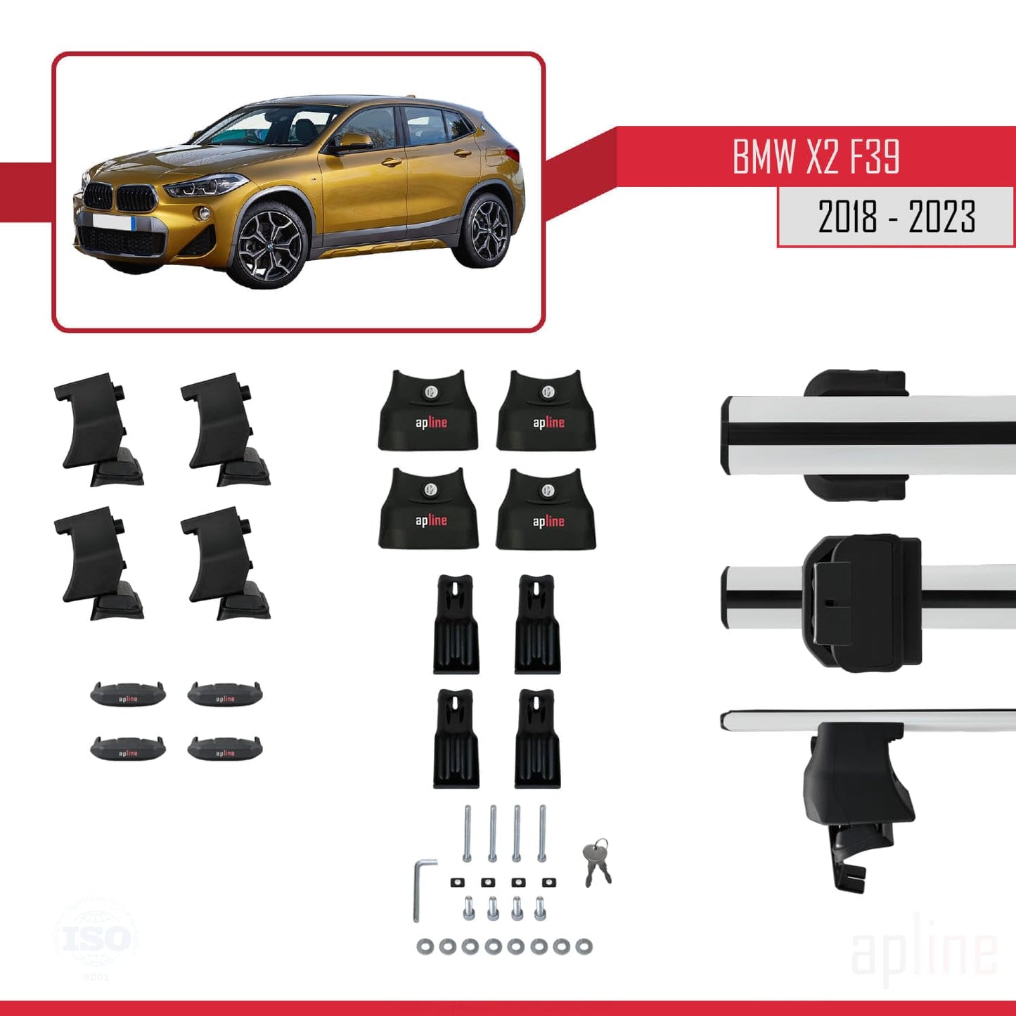 Compatible with BMW X2 (F39) 2018-2023 ACE-4 Car Roof Rack Cross Bar Grey Aluminium 2 Bars