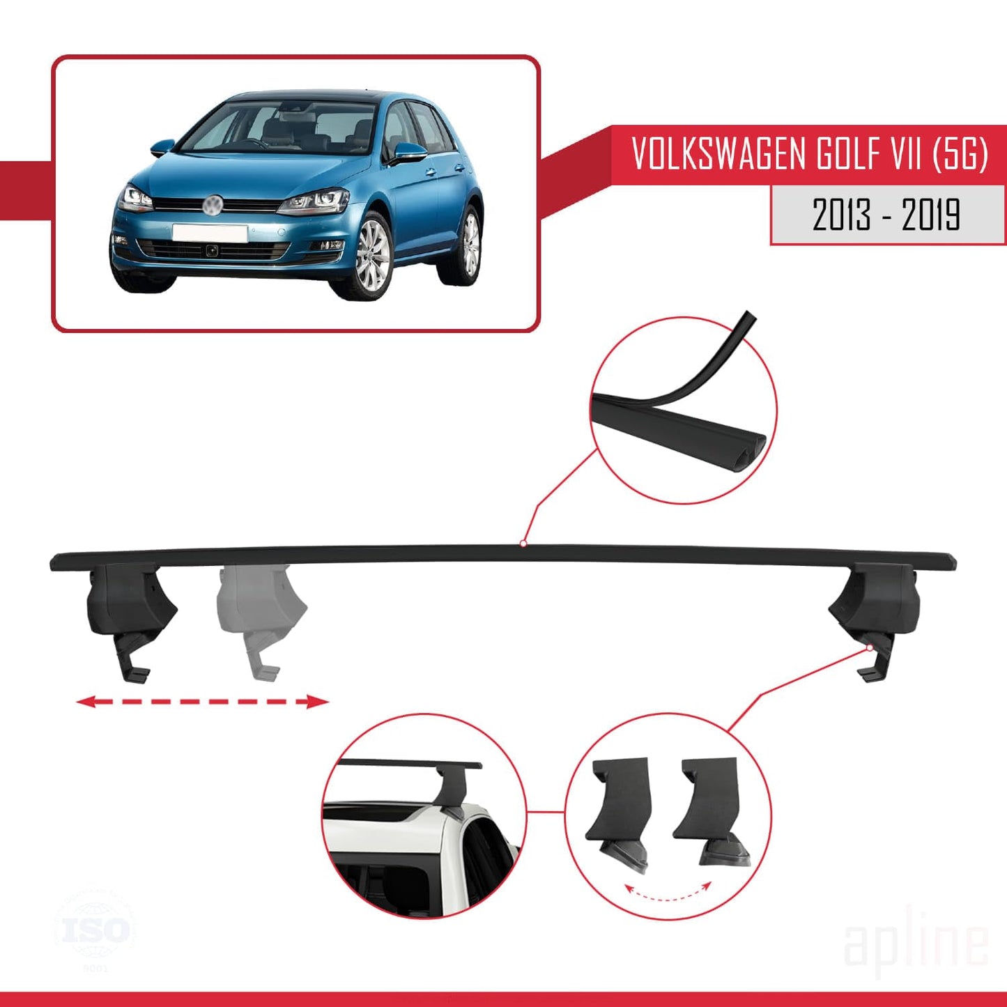 Compatible with Volkswagen Golf 7 (5G) 2013-2019 ACE-4 Car Roof Rack Cross Bar Black Aluminium 2 Bars