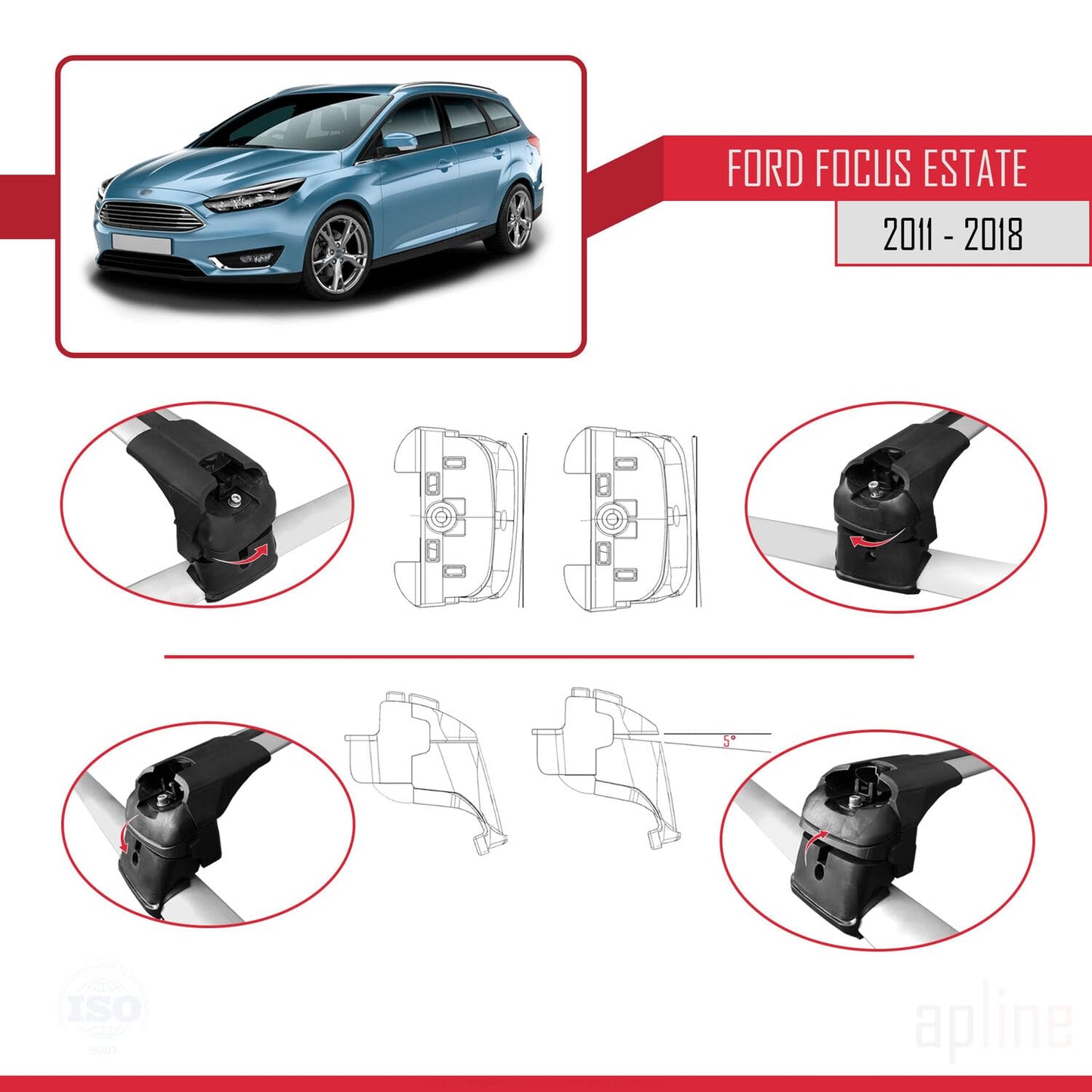 Compatible with Ford Focus 3 (C346) SW 2011-2018 ACE-2 Car Roof Rack Cross Bar Grey Aluminium 2 Bars