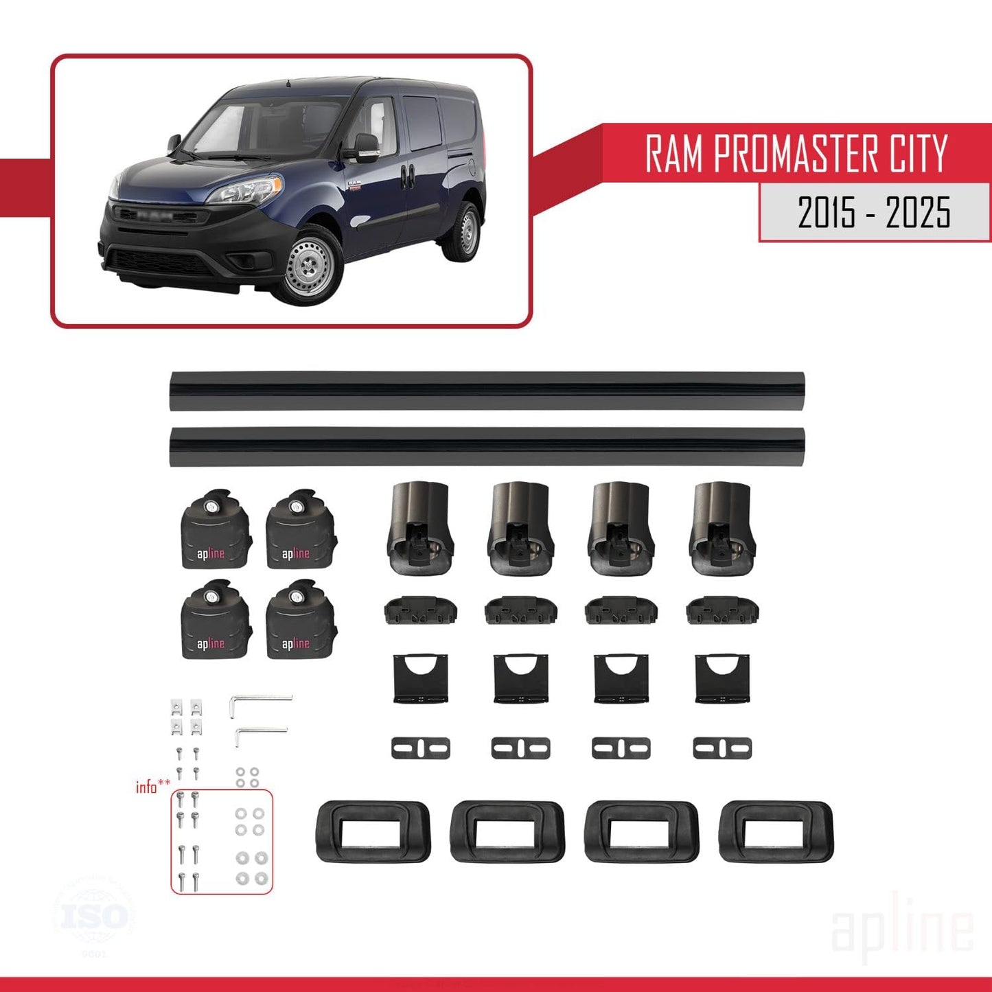 Compatible with Ram Promaster City 2015-2025 ACE-3 Car Roof Rack Cross Bar Black Aluminium 2 Bars