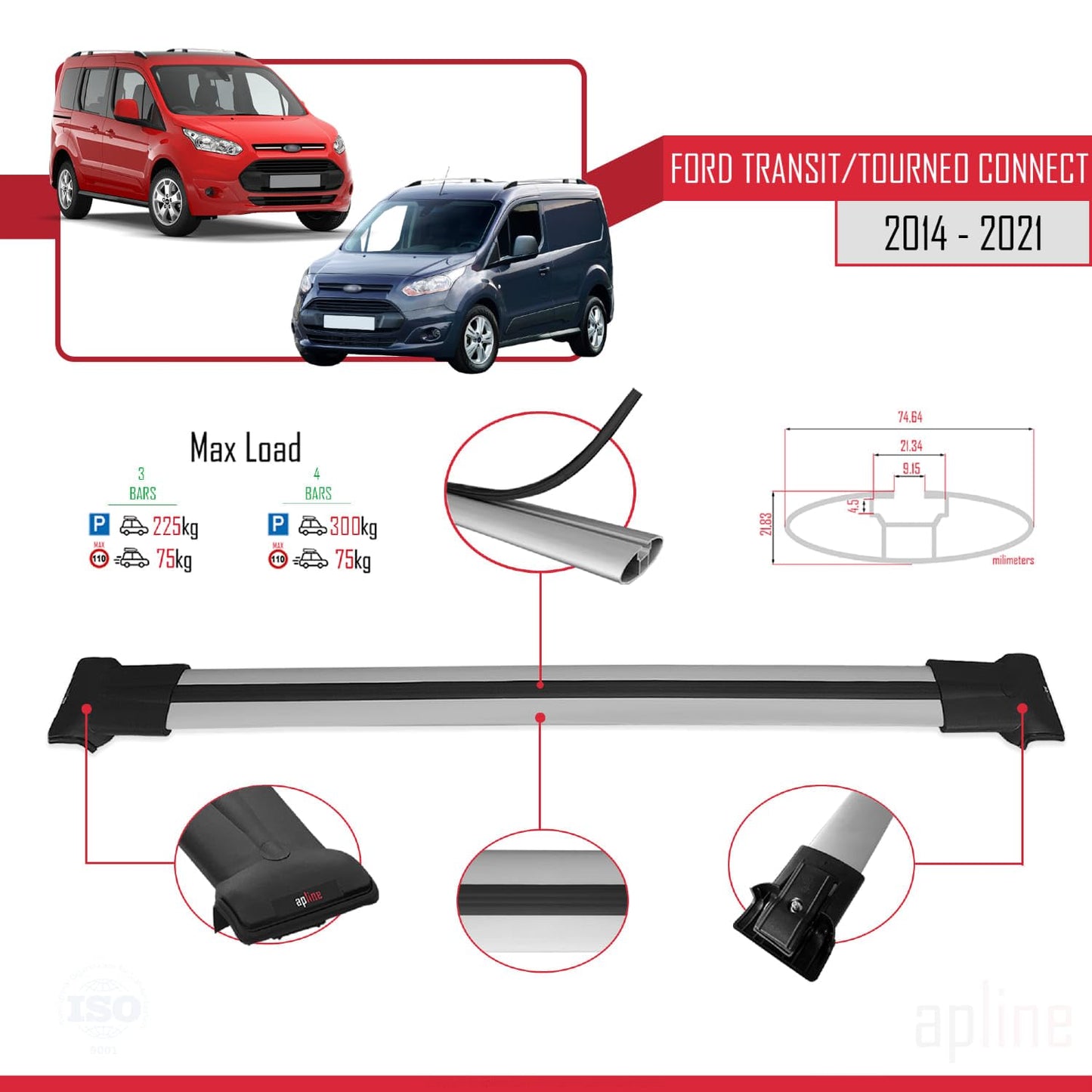 Compatible with Ford Transit/Tourneo Connect 2 2014-2021 Fly Model Car Roof Rack Cross Bar Grey Aluminium 4 Bars