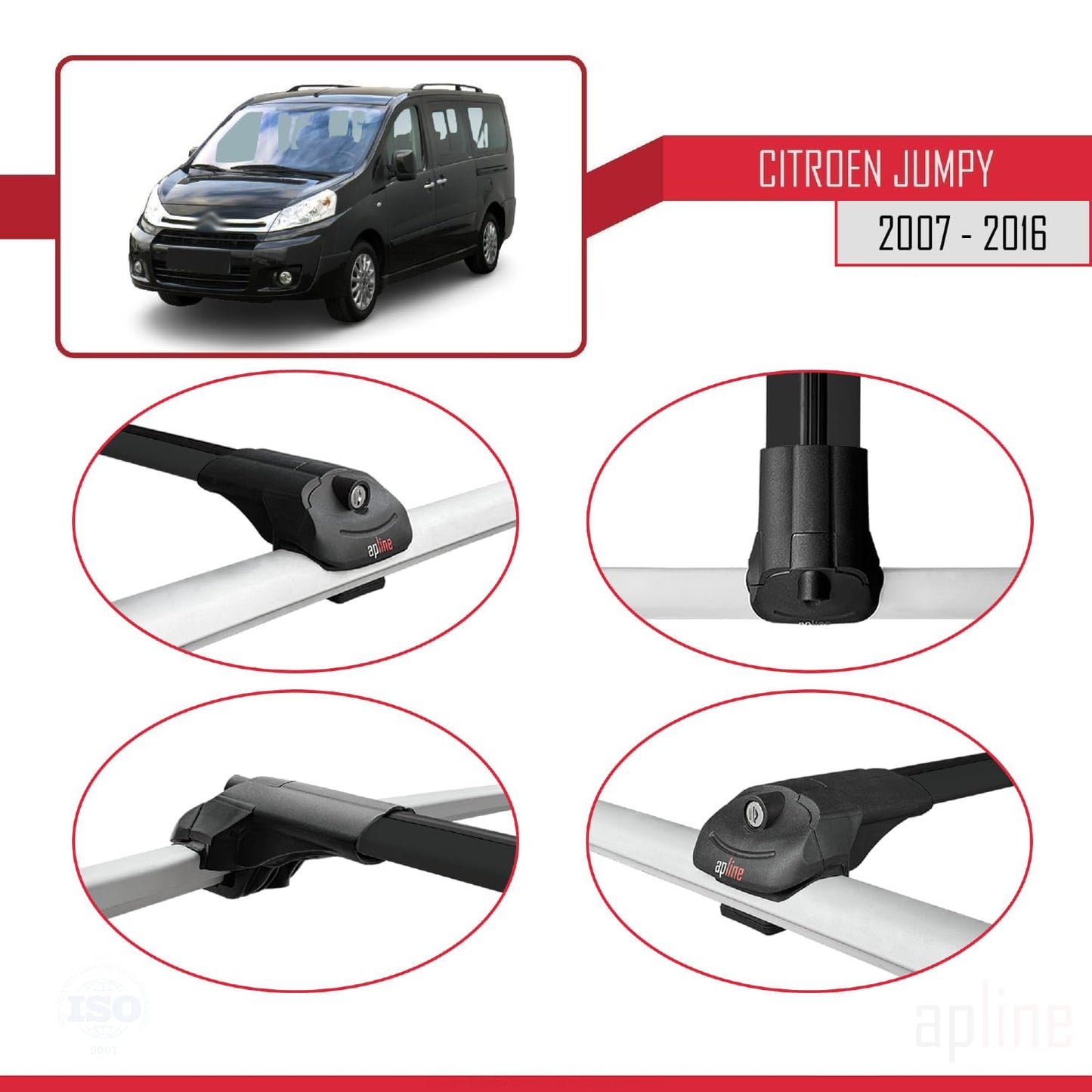 Compatible with Citroen Jumpy 2 (G9) 2007-2016 ACE-1 Car Roof Rack Cross Bar Black Aluminium 4 Bars