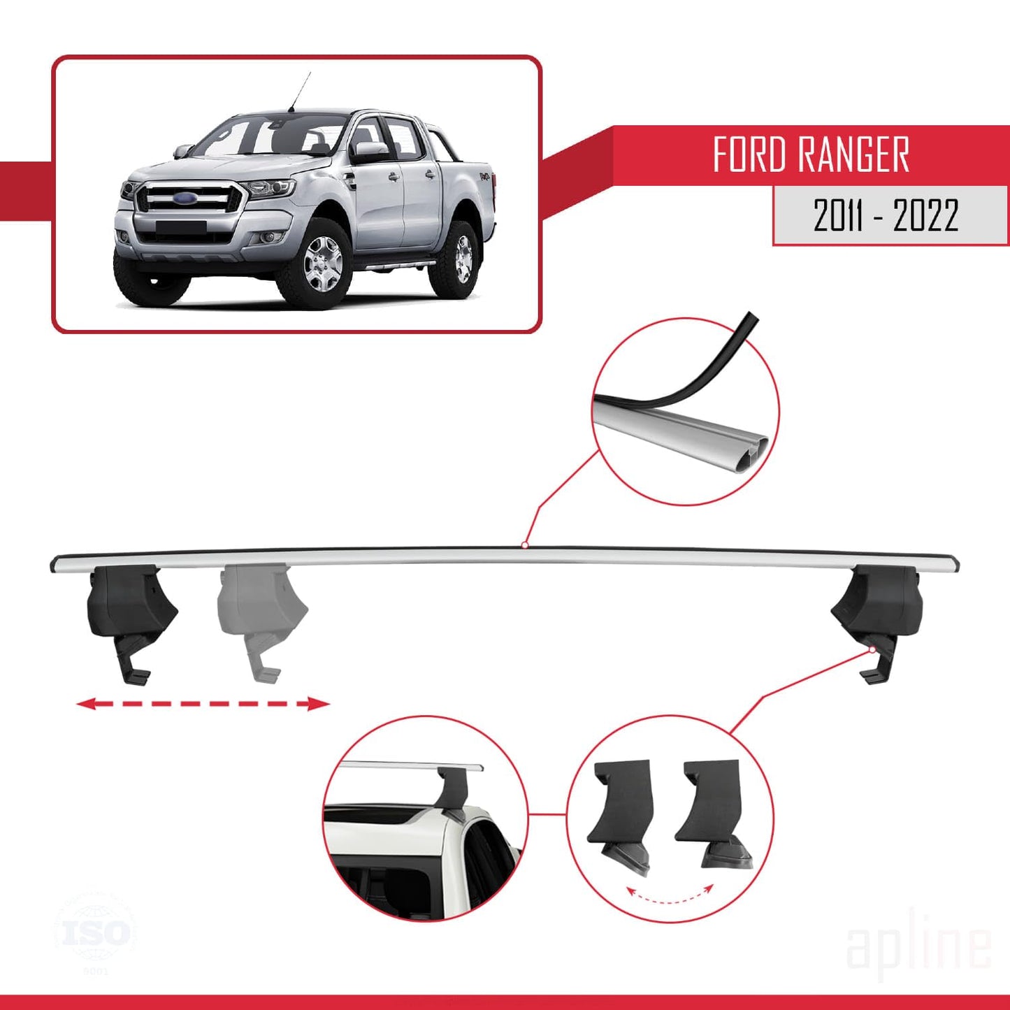 Compatible with Ford Ranger (P375) 2011-2022 ACE-4 Car Roof Rack Cross Bar Grey Aluminium 2 Bars