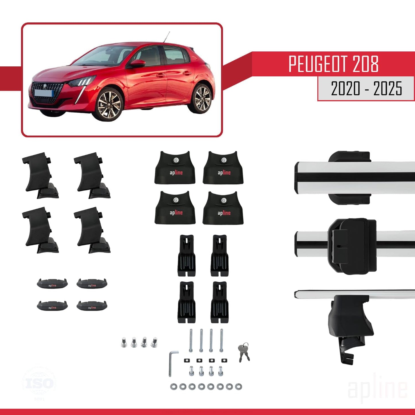 Compatible with Peugeot 208 II (P21) 2020-2025 ACE-4 Car Roof Rack Cross Bar Grey Aluminium 2 Bars