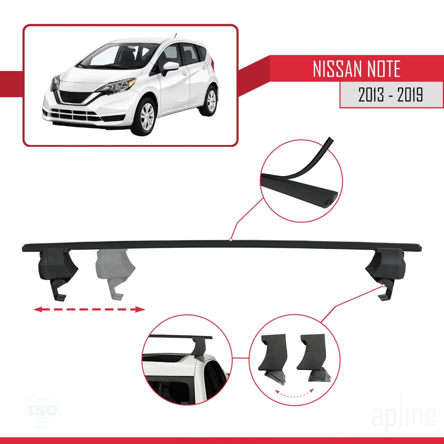 Compatible with Nissan Note 2 (E12) 2013-2019 ACE-4 Car Roof Rack Cross Bar Black Aluminium 2 Bars