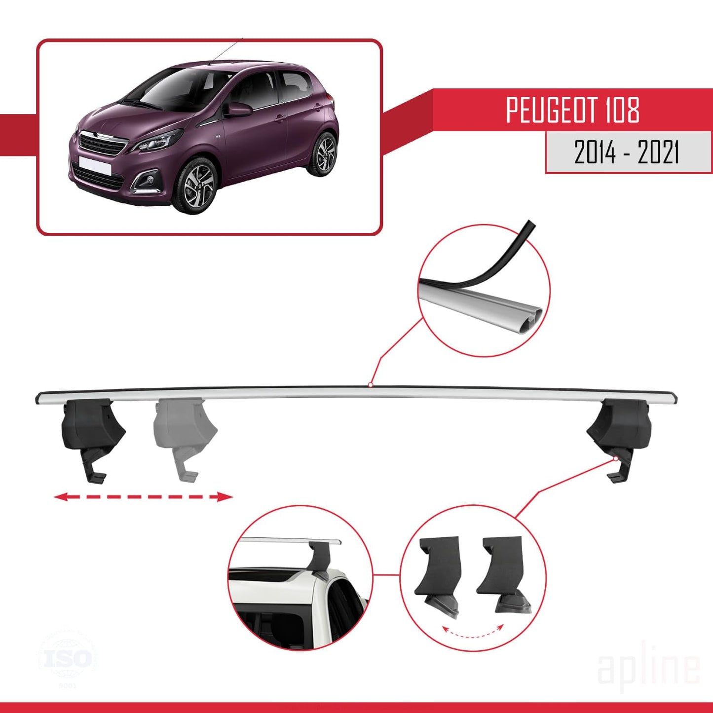 Compatible with Peugeot 108 2014-2021 ACE-4 Car Roof Rack Cross Bar Grey Aluminium 2 Bars