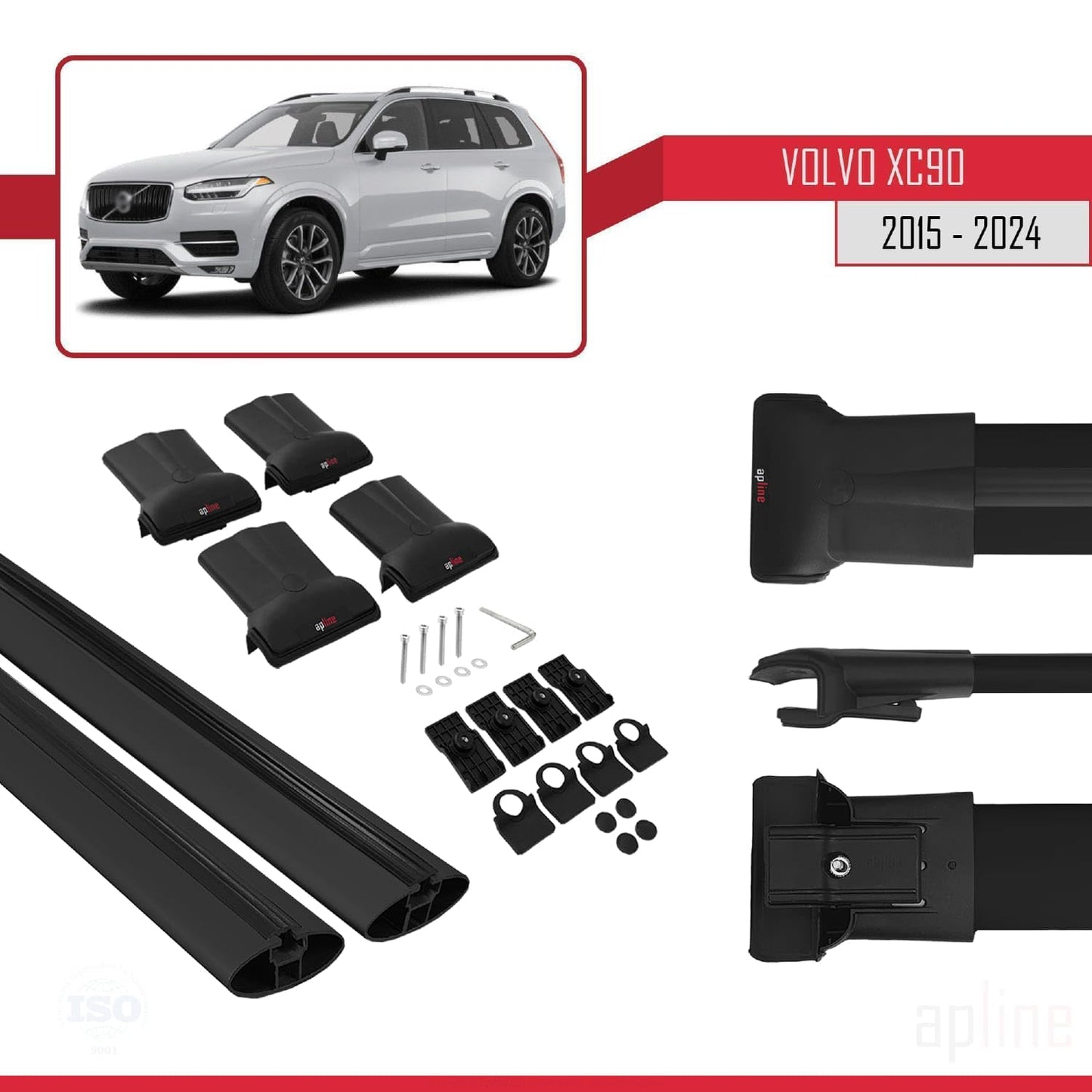 Compatible with Volvo XC90 II 2015-2025 Fly Model Car Roof Rack Cross Bar Black Aluminium 2 Bars