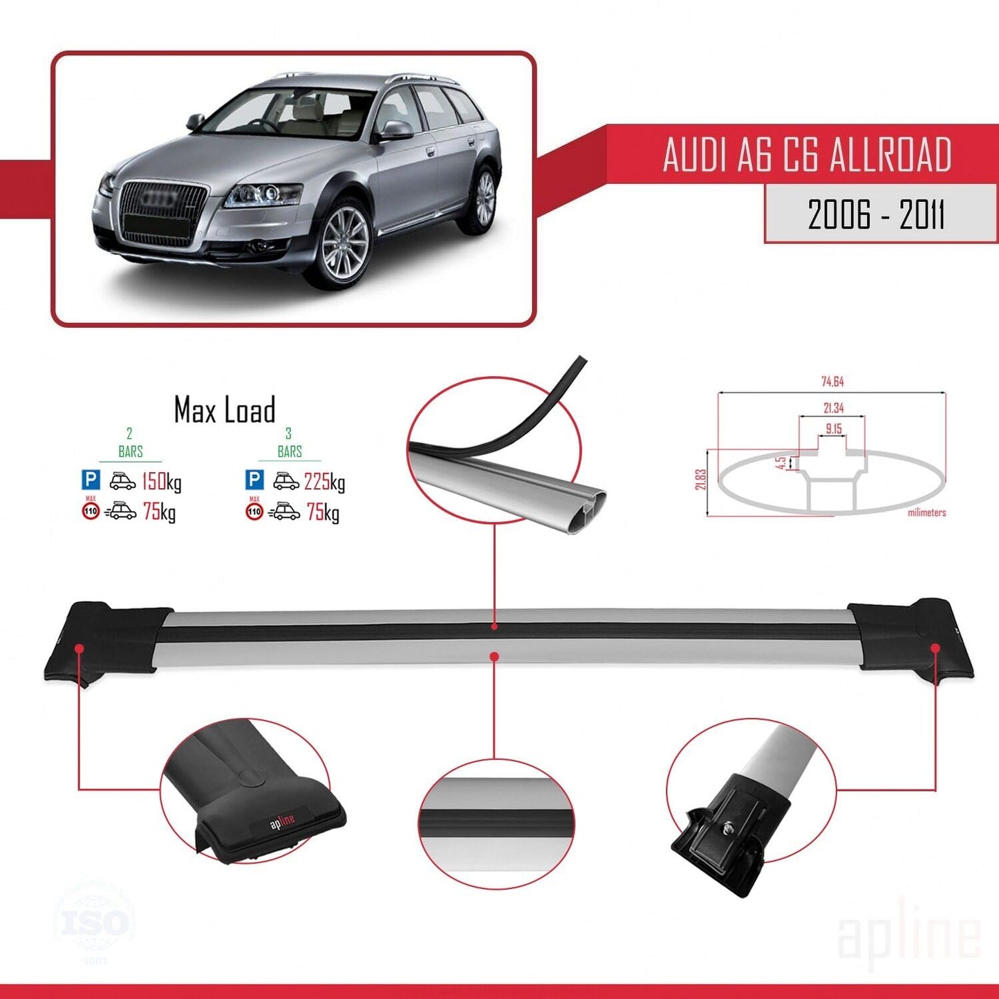 Compatible with Audi A6 (C6) Allroad 2006-2011 Fly Model Car Roof Rack Cross Bar Grey Aluminium 2 Bars