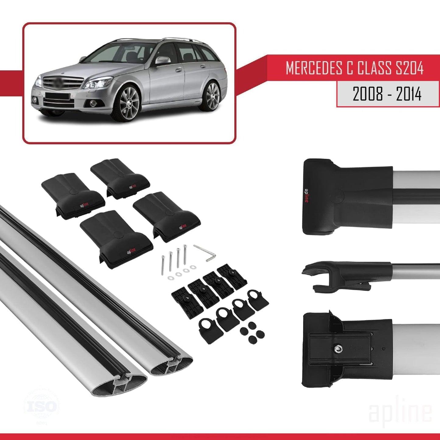 Compatible with Mercedes C Class 3 (S204) 2008-2014 Fly Model Car Roof Rack Cross Bar Grey Aluminium 2 Bars