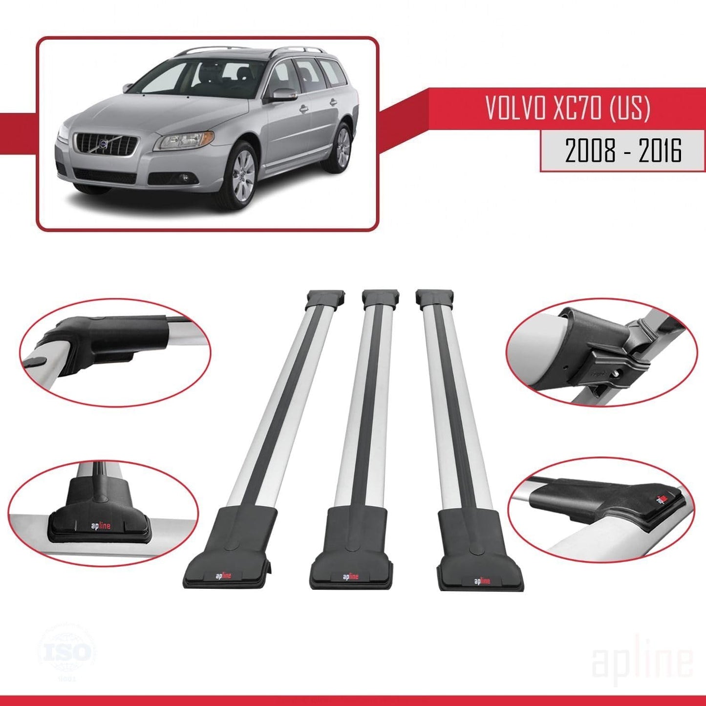 Compatible with Volvo XC70 II (P24) 2008-2016 Fly Model Car Roof Rack Cross Bar Grey Aluminium 3 Bars