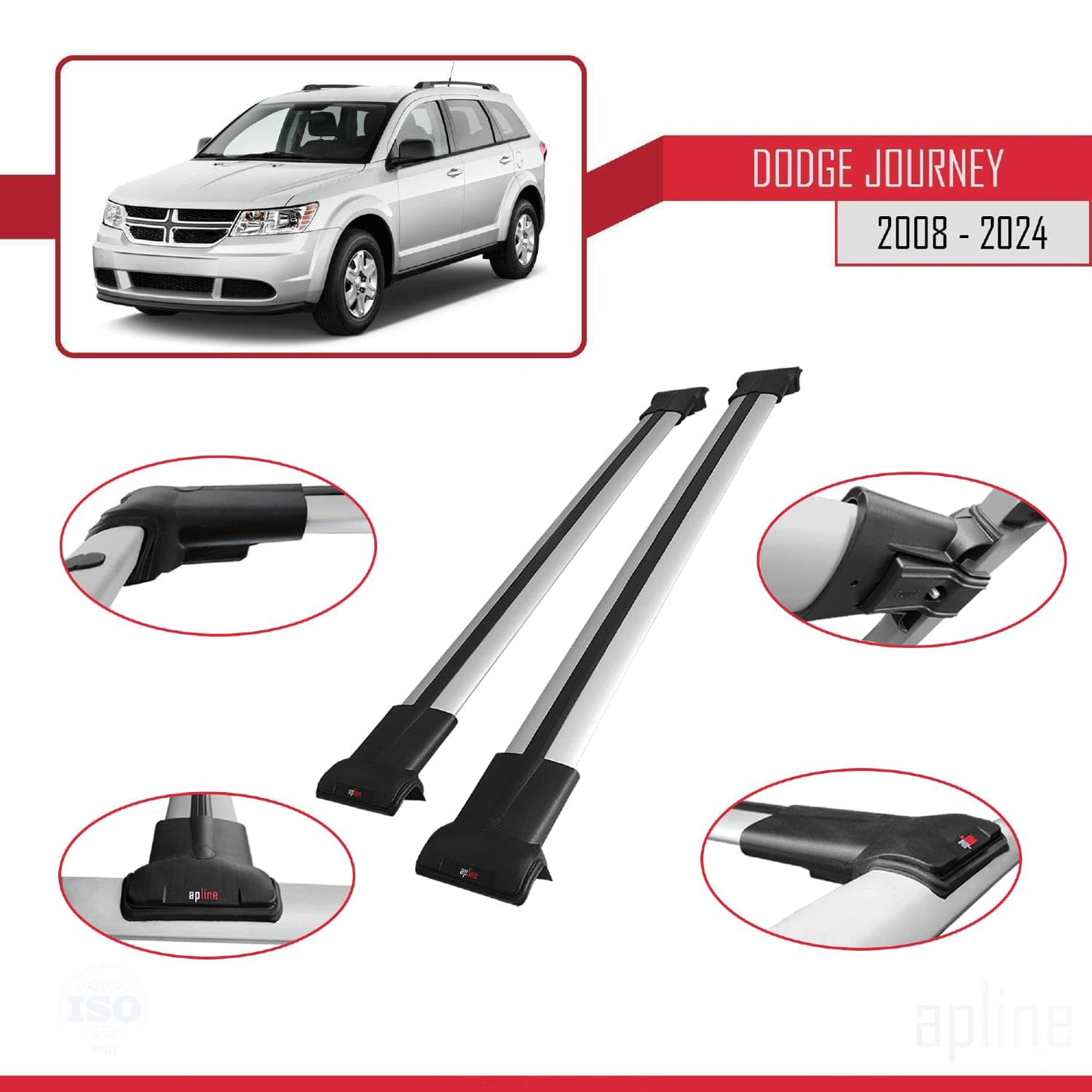 Compatible with Dodge Journey 2008-2024 Fly Model Car Roof Rack Cross Bar Grey Aluminium 2 Bars