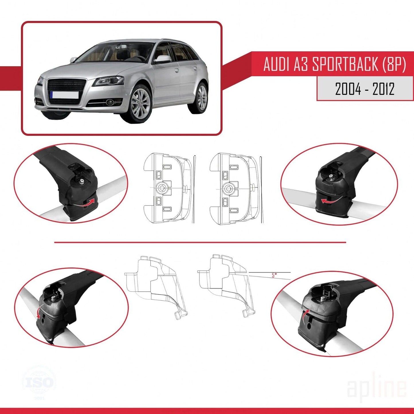 Compatible with Audi A3 (8PA) Sportback 2004-2012 ACE-2 Car Roof Rack Cross Bar Black Aluminium 2 Bars