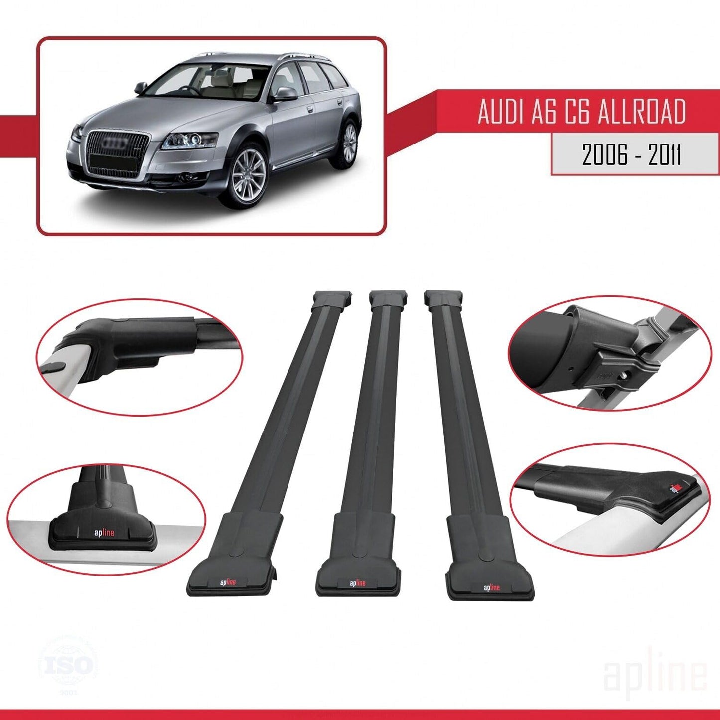 Compatible with Audi A6 (C6) Allroad 2006-2011 Fly Model Car Roof Rack Cross Bar Black Aluminium 3 Bars
