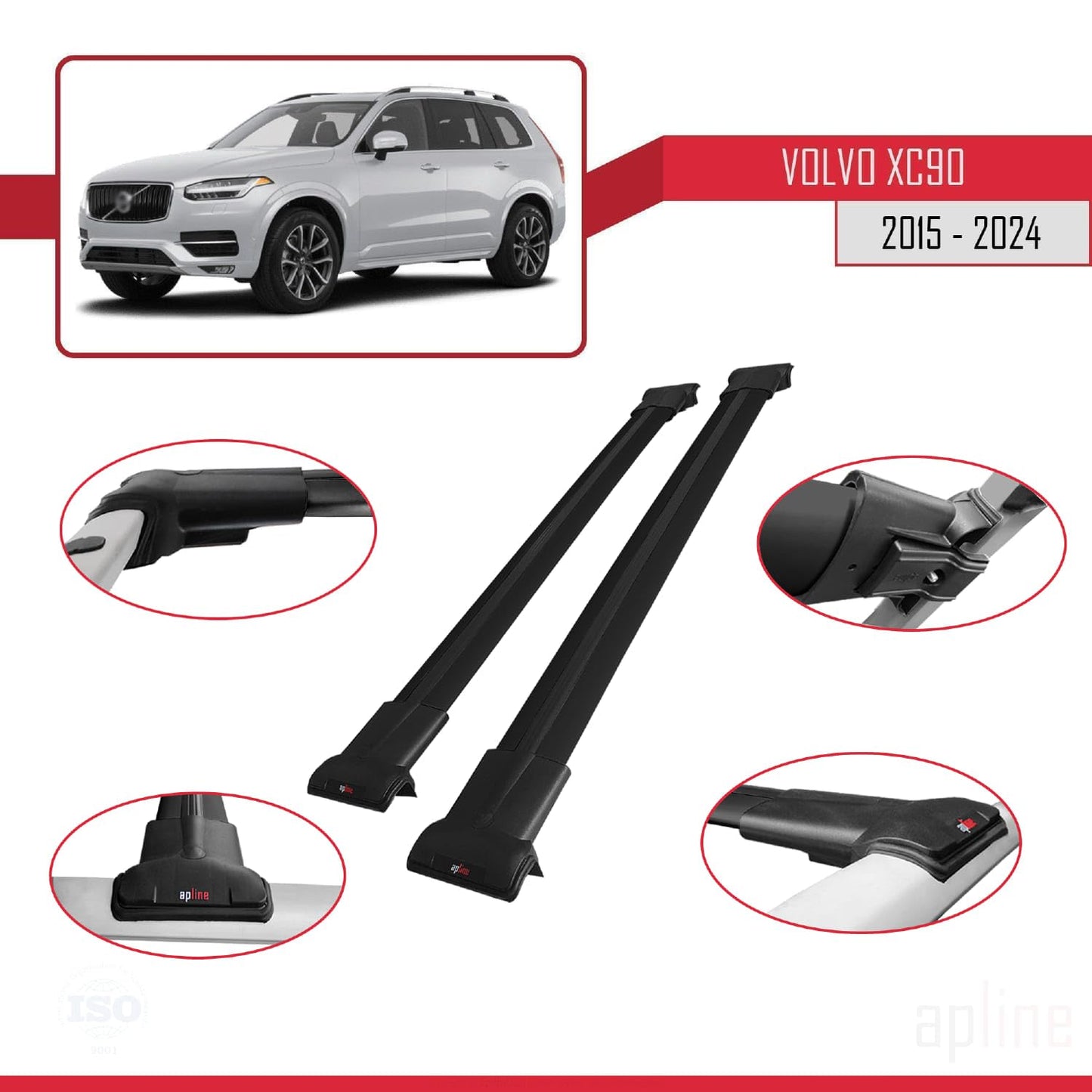 Compatible with Volvo XC90 II 2015-2025 Fly Model Car Roof Rack Cross Bar Black Aluminium 2 Bars