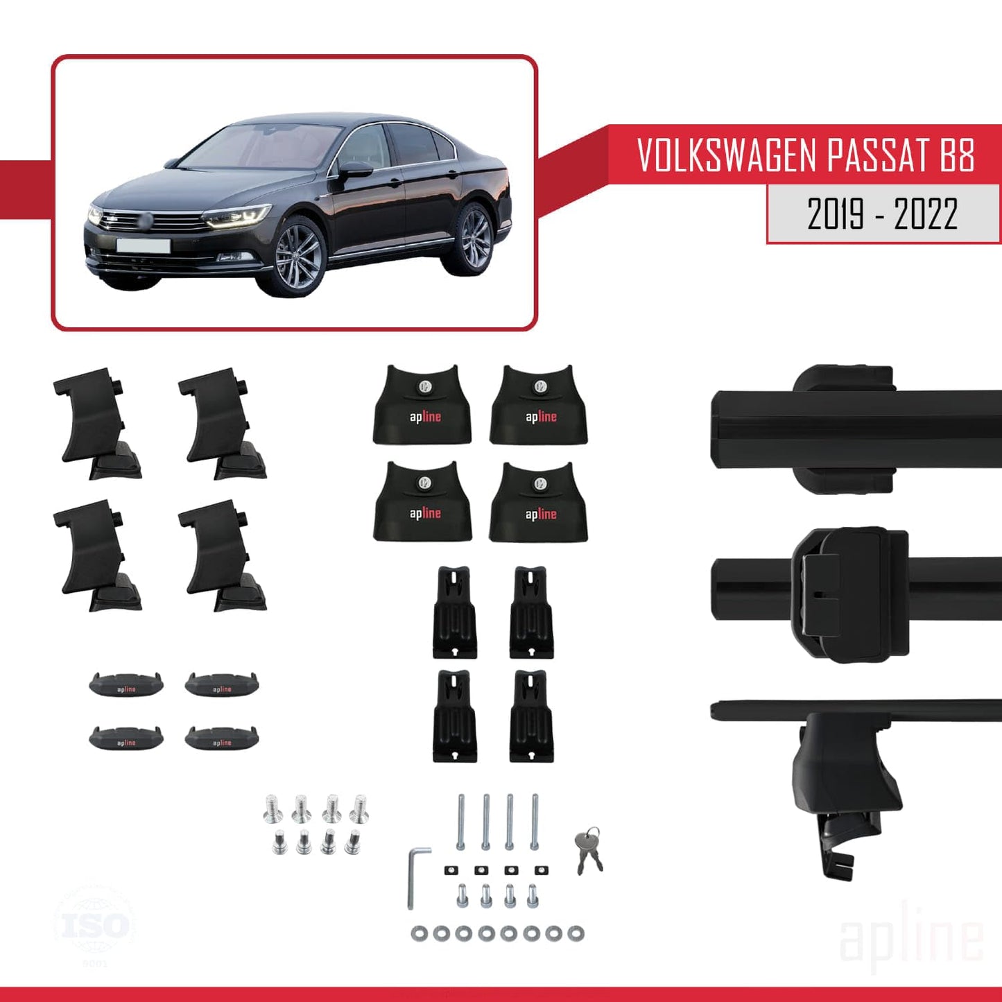 Compatible with Volkswagen Passat B8 (3G) Post-Facelift 2019-2022 ACE-4 Car Roof Rack Cross Bar Black Aluminium 2 Bars