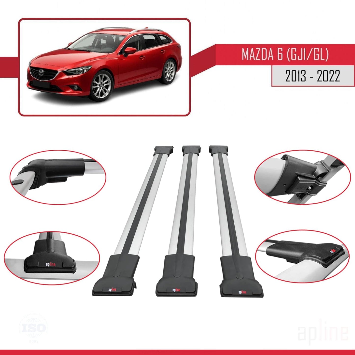 Compatible with Mazda 6 III (GJ1/GL) 2013-2022 Fly Model Car Roof Rack Cross Bar Grey Aluminium 3 Bars