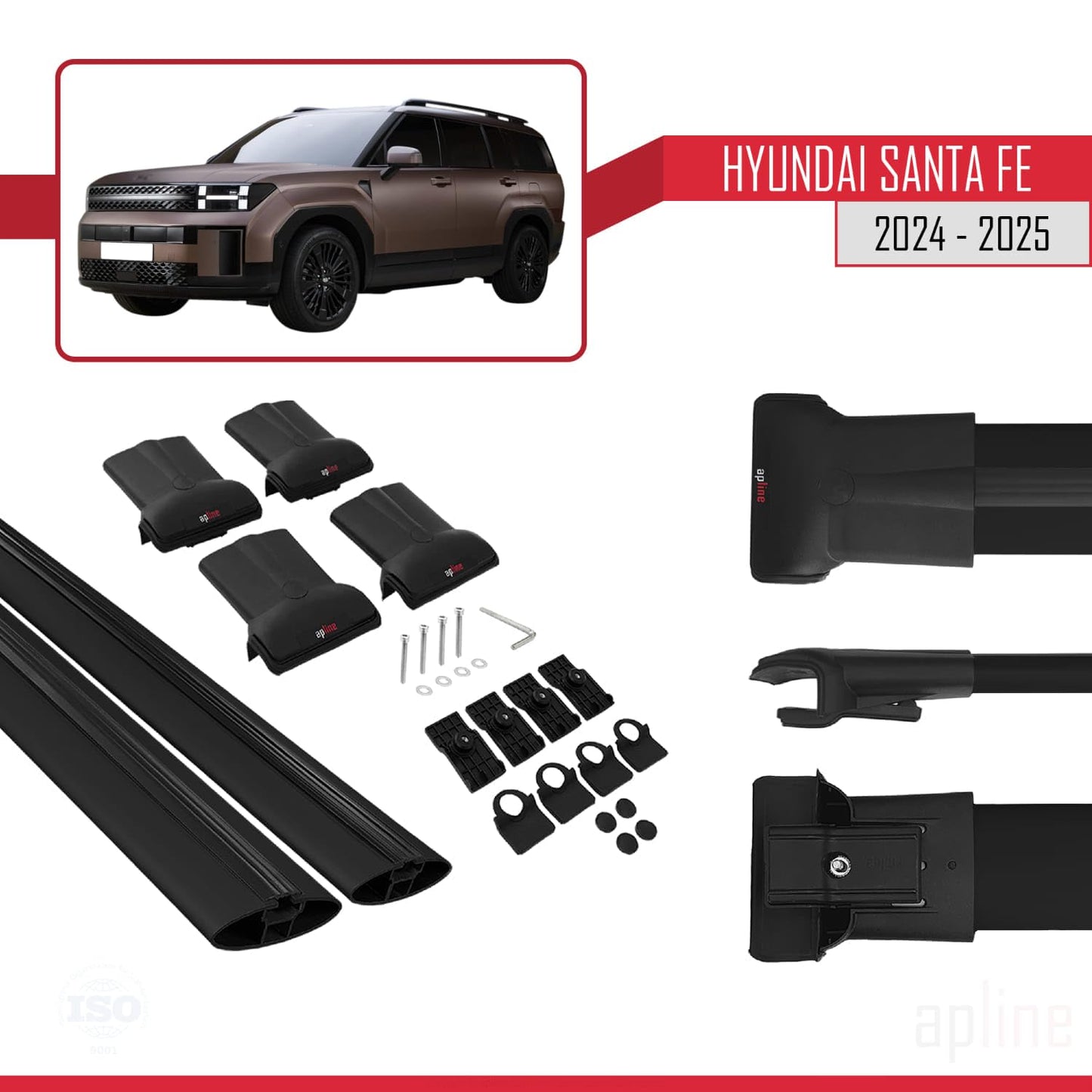 Compatible with Hyundai Santa Fe 2024-2025 Fly Model Car Roof Rack Cross Bar Black Aluminium 2 Bars