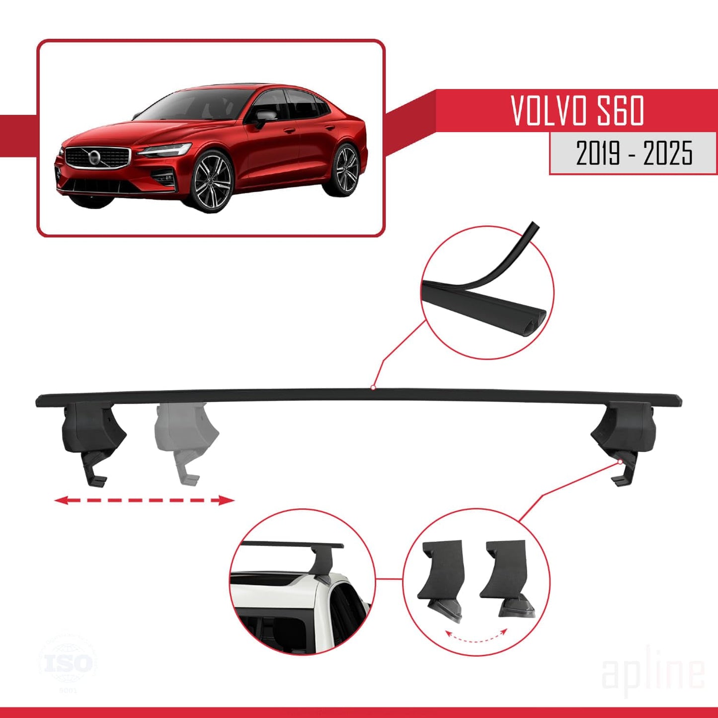 Compatible with Volvo S60 III 2019-2025 ACE-4 Car Roof Rack Cross Bar Black Aluminium 2 Bars