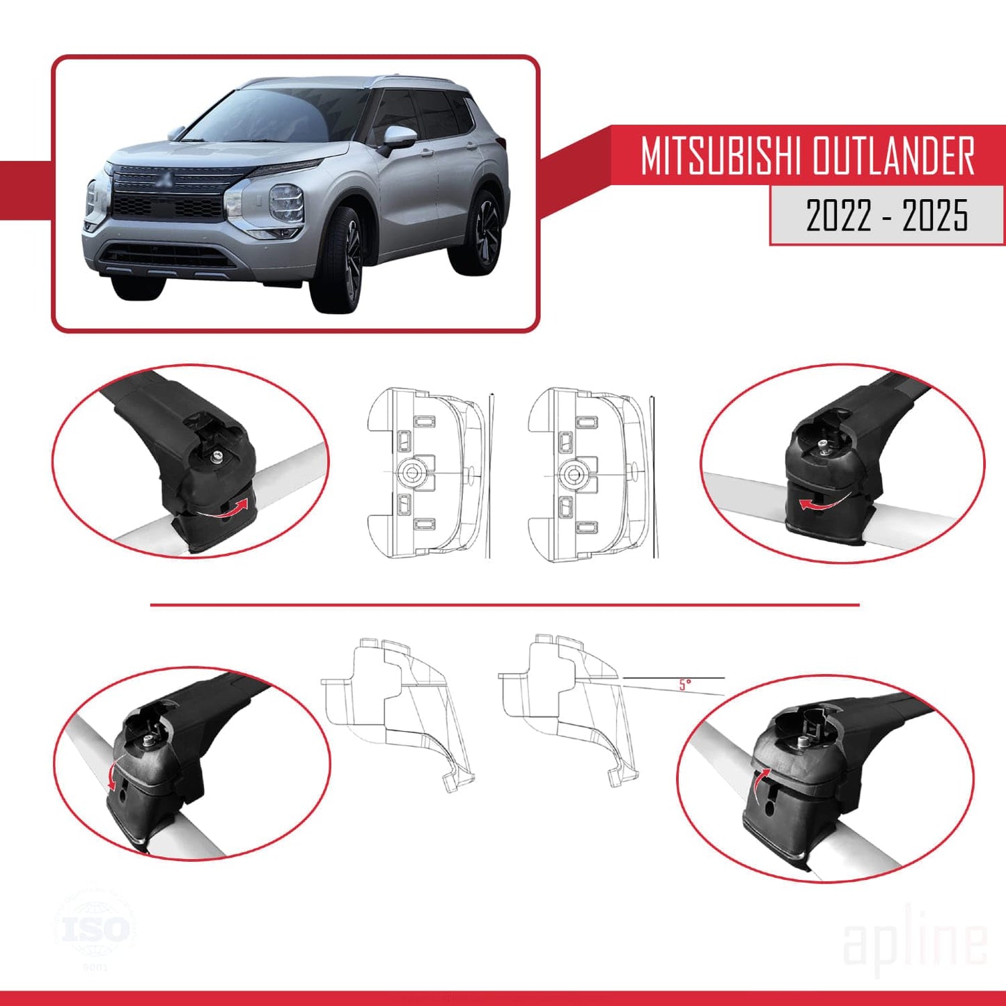 Compatible with Mitsubishi Outlander 2022-2025 ACE-2 Car Roof Rack Cross Bar Black Aluminium 2 Bars