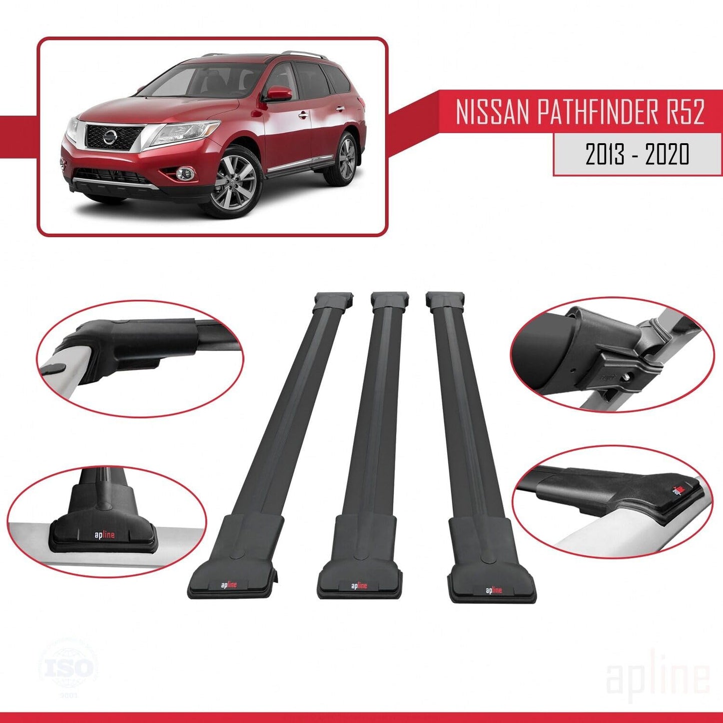 Compatible with Nissan Pathfinder 4 (R52) 2013-2020 Fly Model Car Roof Rack Cross Bar Black Aluminium 3 Bars
