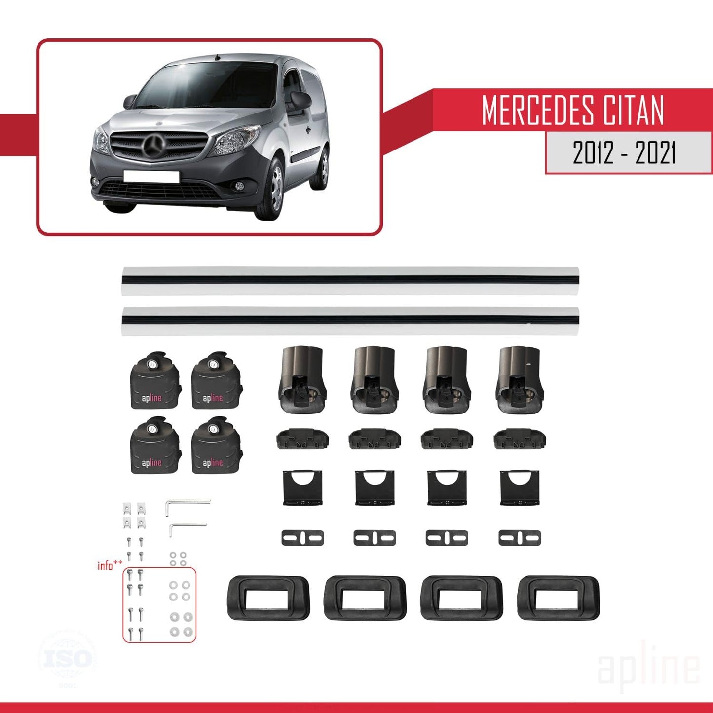 Compatible with Mercedes Benz Citan 2012-2021 ACE-3 Car Roof Rack Cross Bar Grey Aluminium 2 Bars