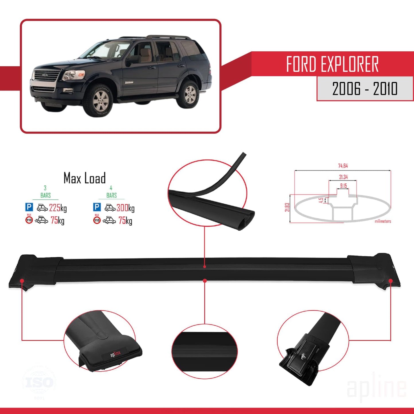 Compatible with Ford Explorer 2006-2010 Fly Model Car Roof Rack Cross Bar Black Aluminium 3 Bars