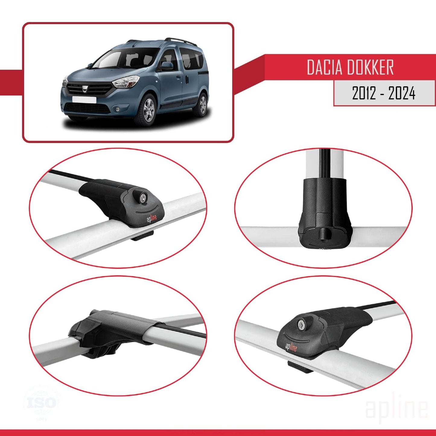 Compatible with Dacia Dokker (K67) 2012-2024 ACE-1 Car Roof Rack Cross Bar Grey Aluminium 3 Bars