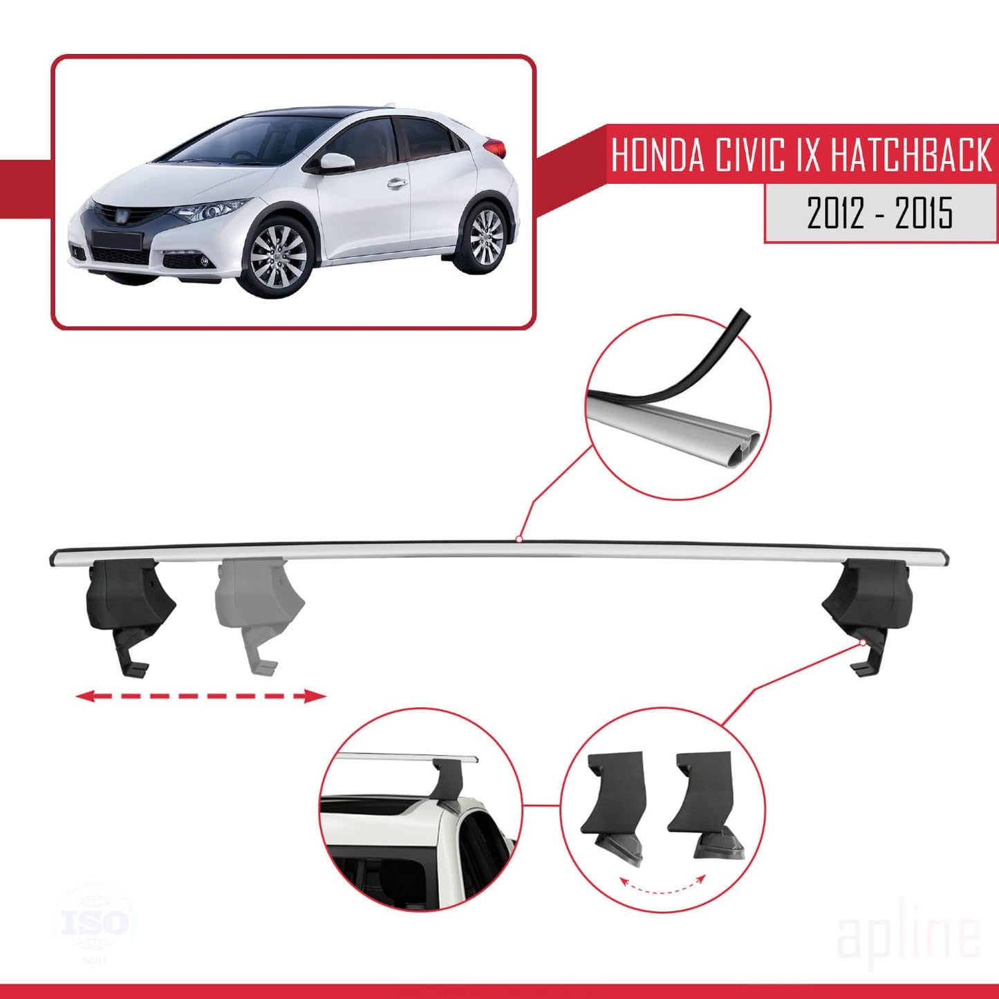 Compatible with Honda Civic 9 (FK) HB 2012-2015 ACE-4 Car Roof Rack Cross Bar Grey Aluminium 2 Bars