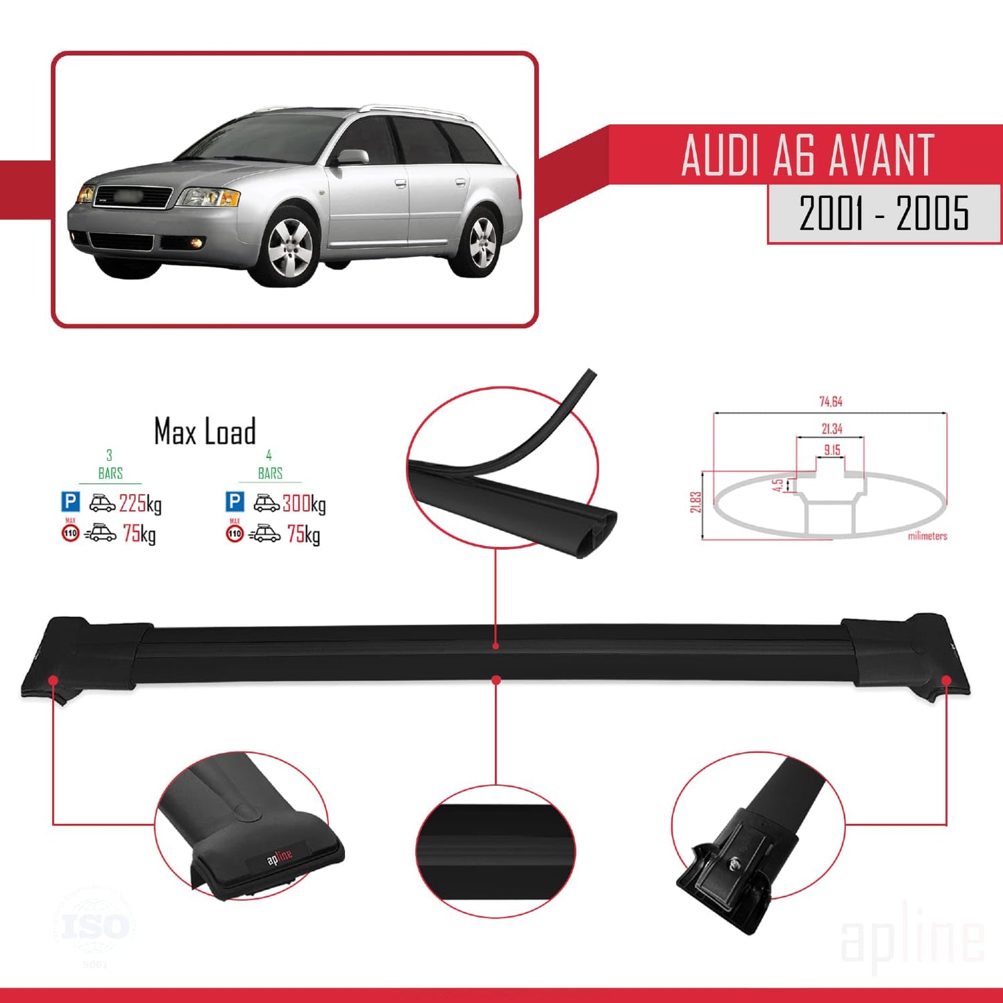 Compatible with Audi A6 Avant 2001-2005 Fly Model Car Roof Rack Cross Bar Black Aluminium 3 Bars