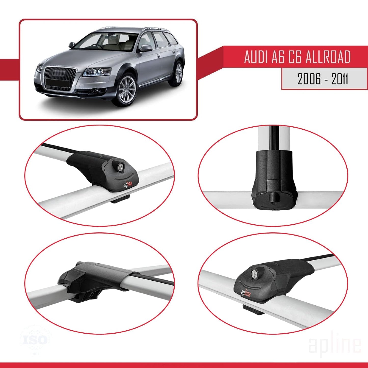 Compatible with Audi A6 (C6) Allroad 2006-2011 ACE-1 Car Roof Rack Cross Bar Grey Aluminium 3 Bars