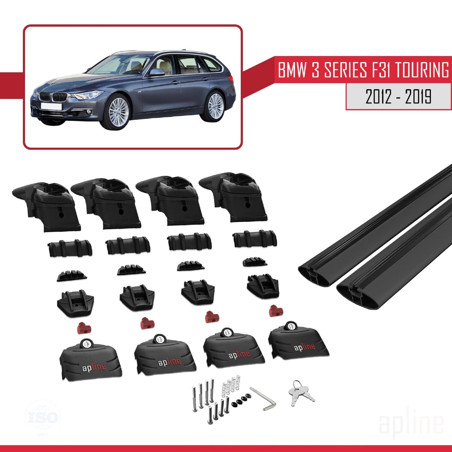 Compatible with BMW 3 Series (F31) Touring 2012-2019 ACE-2 Car Roof Rack Cross Bar Black Aluminium 2 Bars