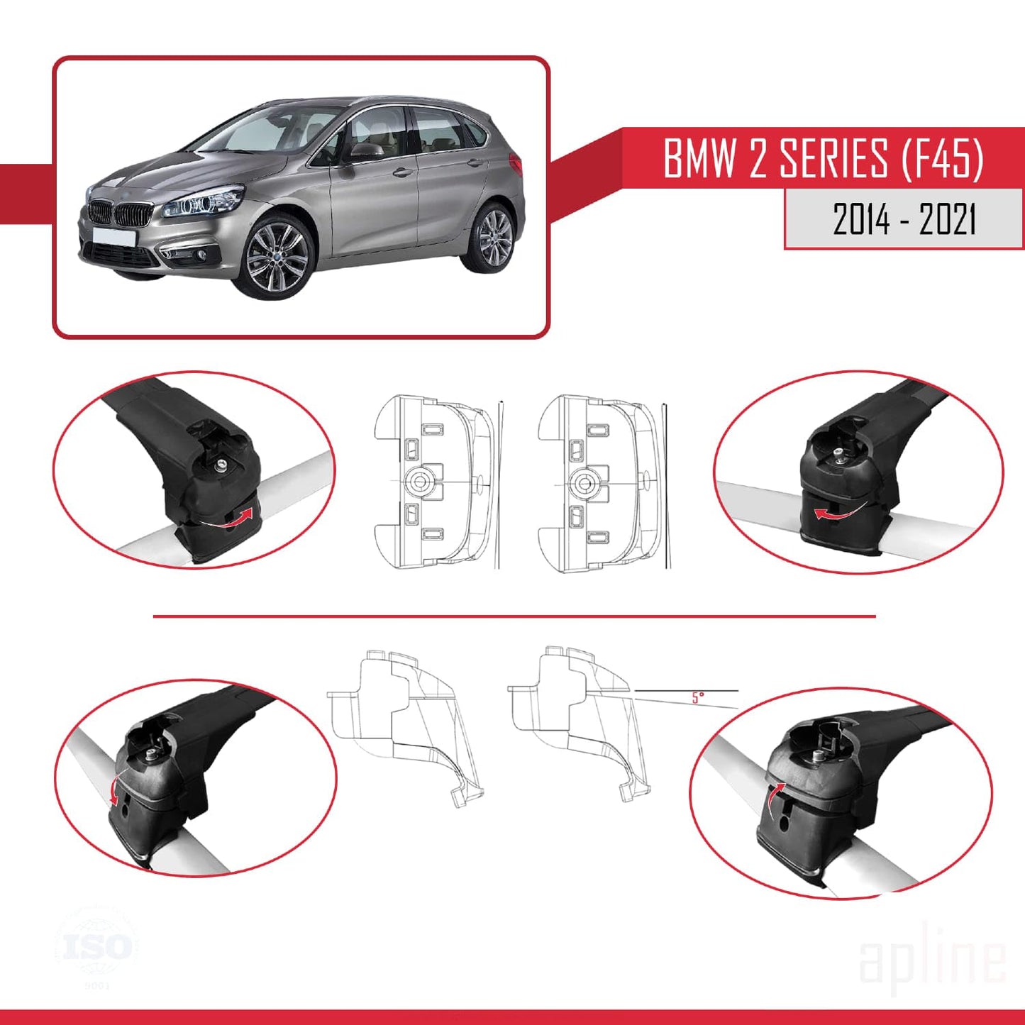 Compatible with BMW 2 Series (F45) Active Tourer 2014-2021 ACE-2 Car Roof Rack Cross Bar Black Aluminium 2 Bars
