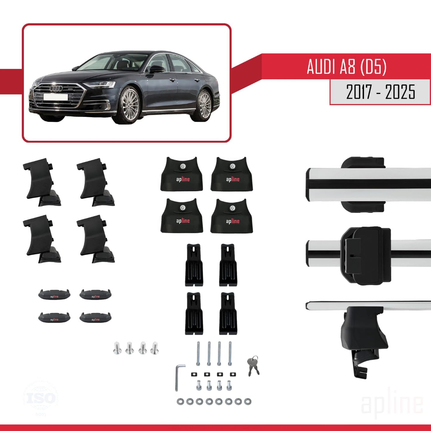 Compatible with Audi A8 (D5/4N) 2017-2025 ACE-4 Car Roof Rack Cross Bar Grey Aluminium 2 Bars