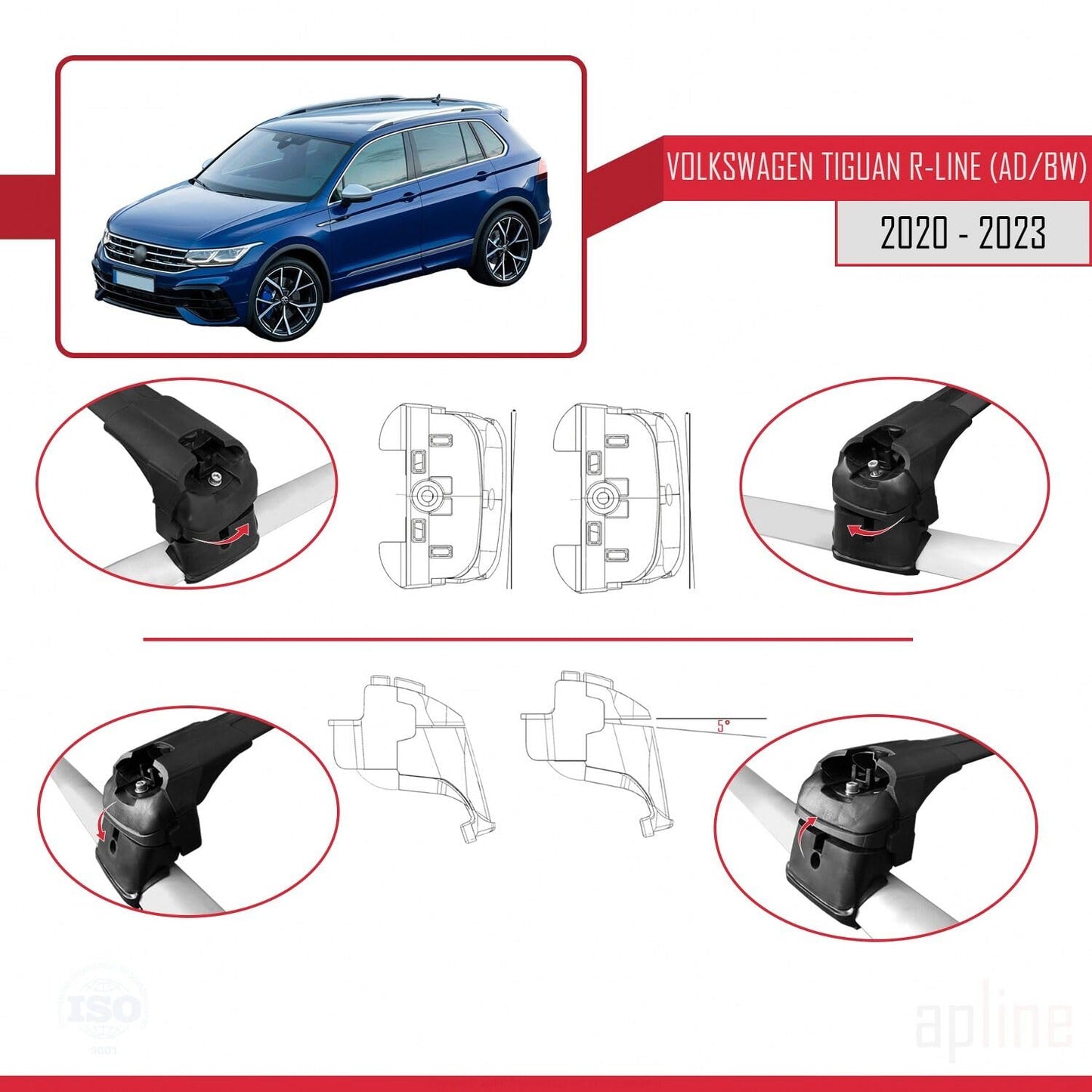 Compatible with Volkswagen Tiguan 2 R-Line 2020-2023 ACE-2 Car Roof Rack Cross Bar Black Aluminium 2 Bars