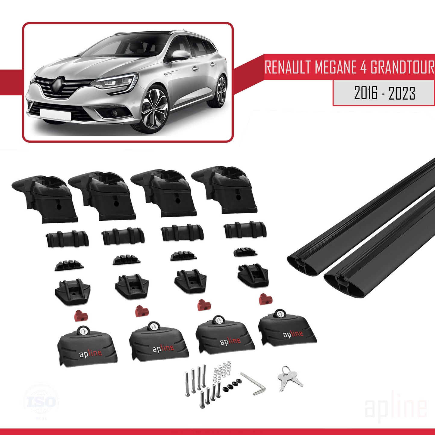 Compatible with Renault Megane 4 (KFB) Grandtour 2016-2023 ACE-2 Car Roof Rack Cross Bar Black Aluminium 2 Bars