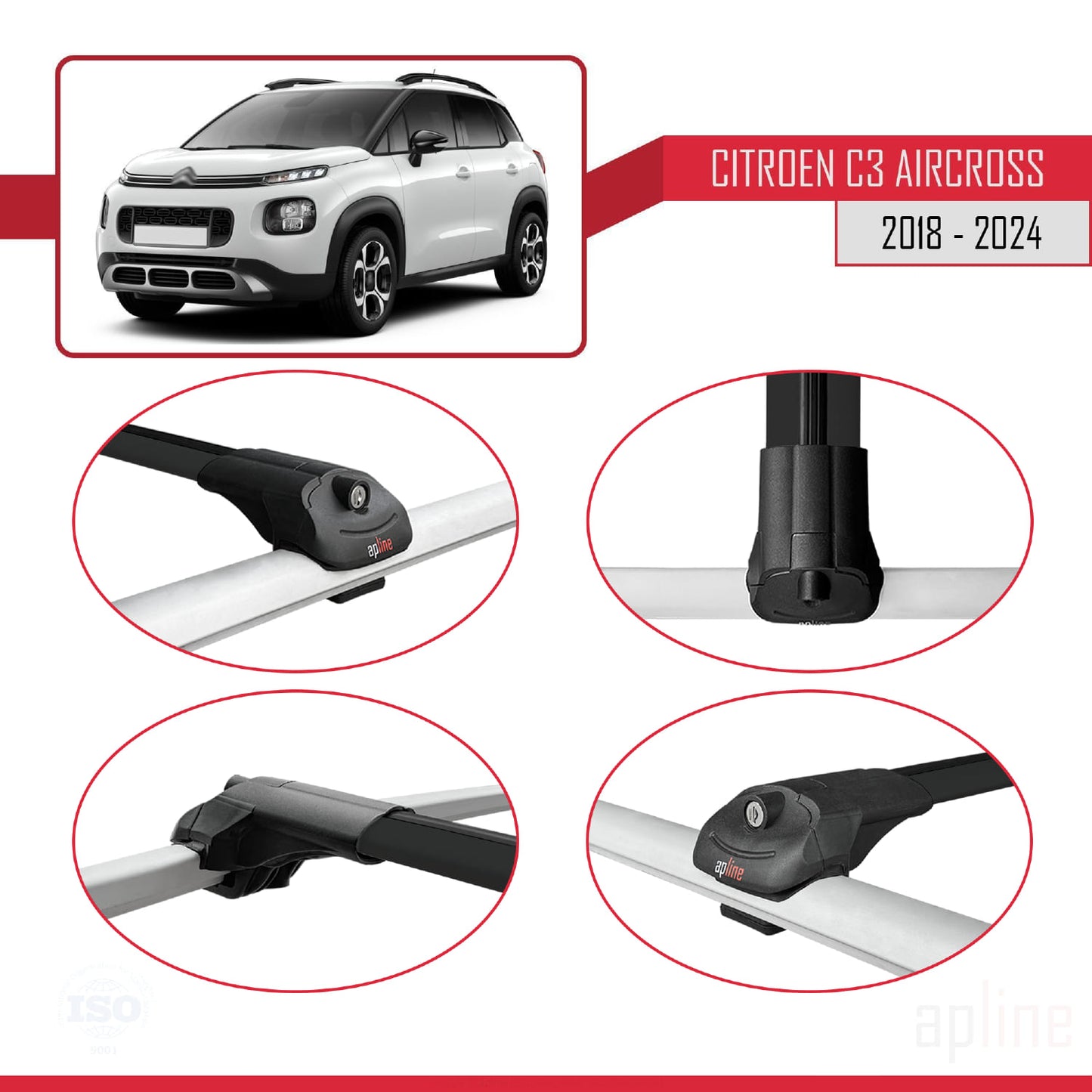 Compatible with Citroen C3 Aircross (A88) 2018-2024 ACE-1 Car Roof Rack Cross Bar Black Aluminium 3 Bars