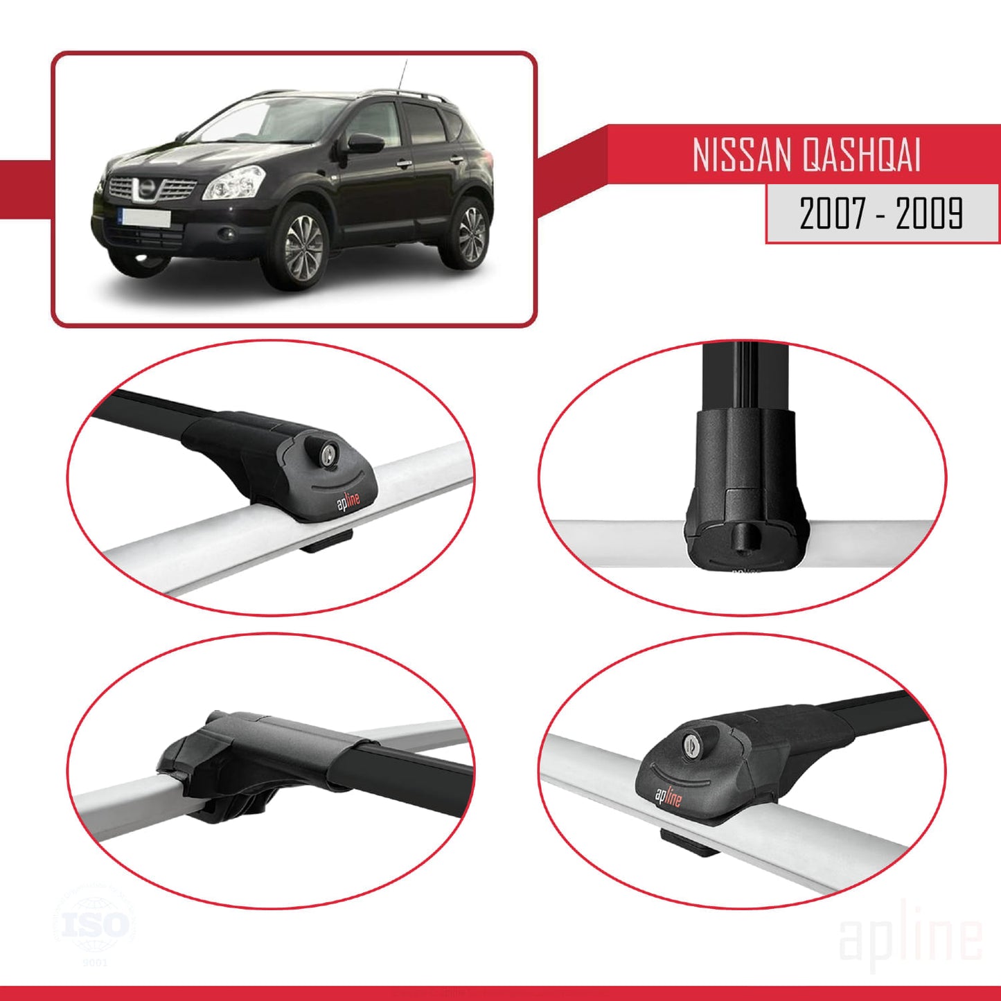 Compatible with Nissan Qashqai (J10) Pre-Facelift 2007-2009 ACE-1 Car Roof Rack Cross Bar Black Aluminium 3 Bars