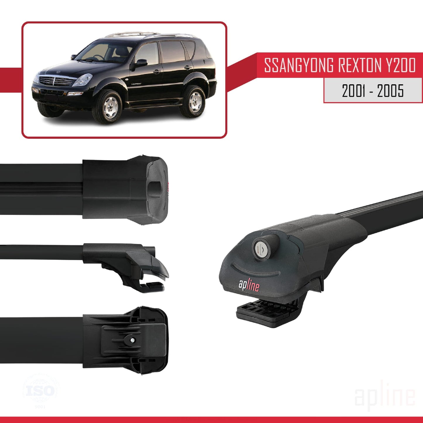 Compatible with Ssangyong Rexton (Y200) 2001-2005 ACE-1 Car Roof Rack Cross Bar Black Aluminium 3 Bars