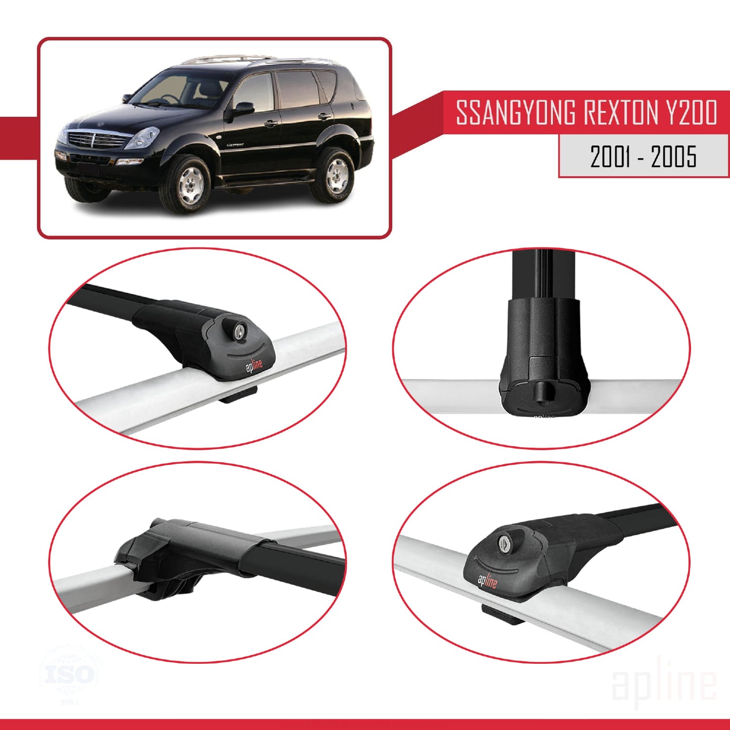 Compatible with Ssangyong Rexton (Y200) 2001-2005 ACE-1 Car Roof Rack Cross Bar Black Aluminium 2 Bars