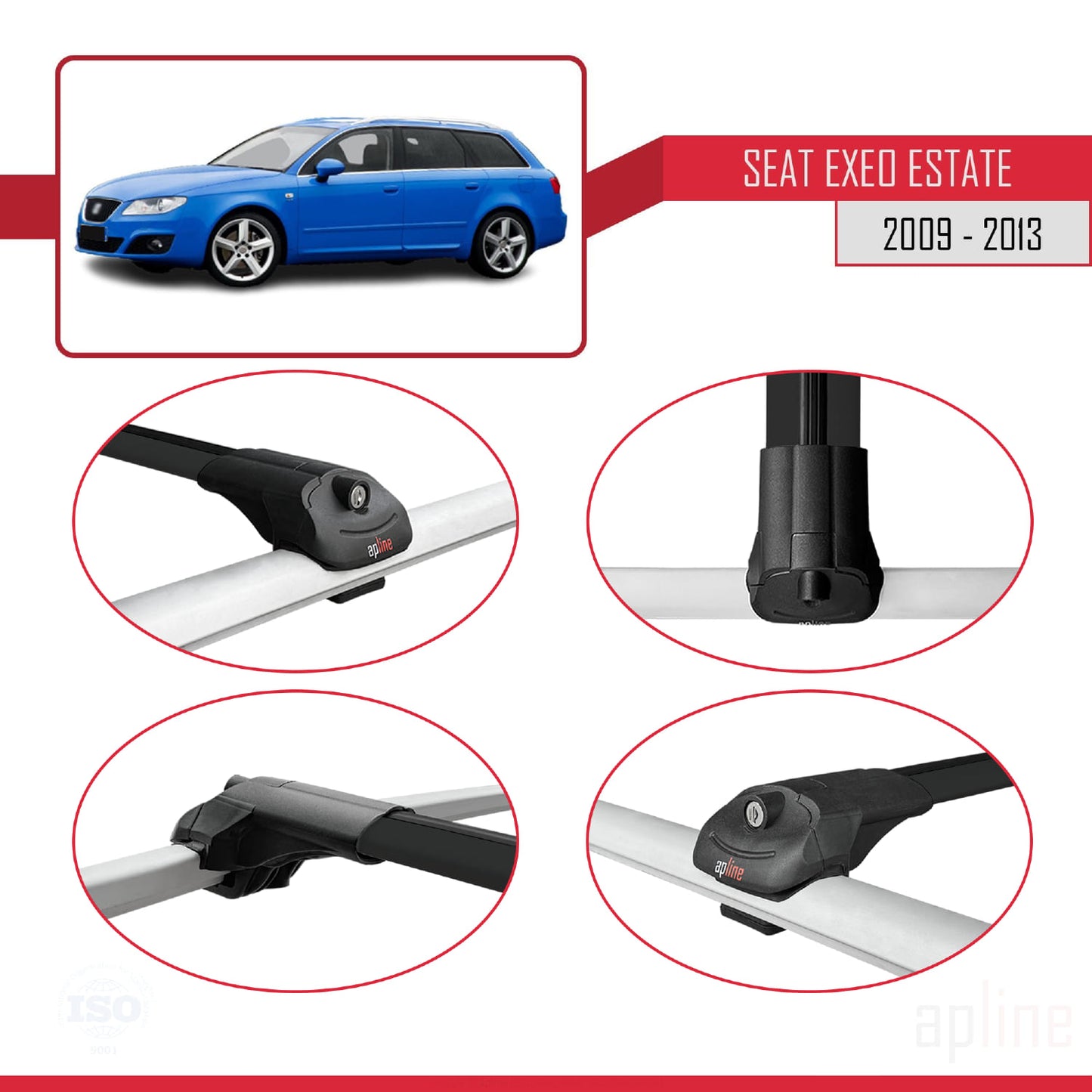 Compatible with Seat Exeo (3R9) ST 2009-2013 ACE-1 Car Roof Rack Cross Bar Black Aluminium 3 Bars