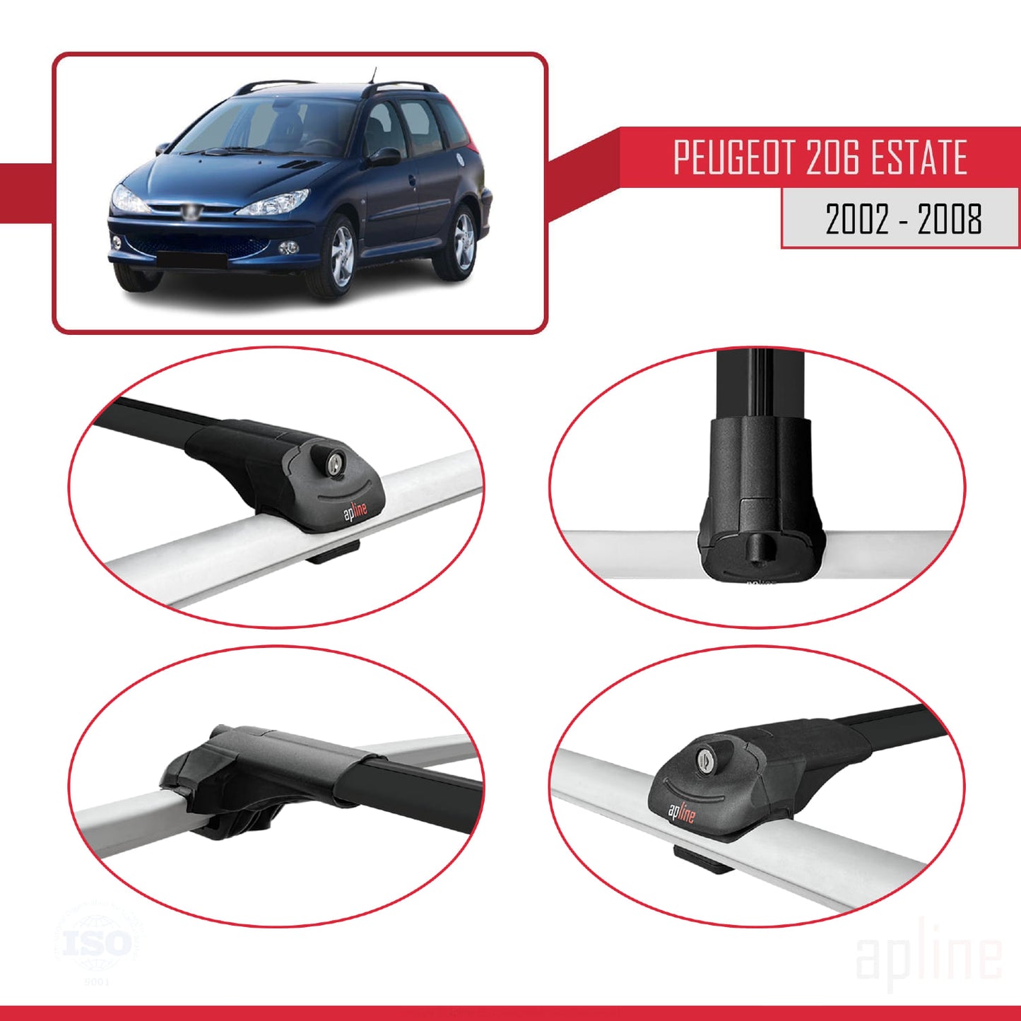 Compatible with Peugeot 206 SW 2002-2008 ACE-1 Car Roof Rack Cross Bar Black Aluminium 3 Bars