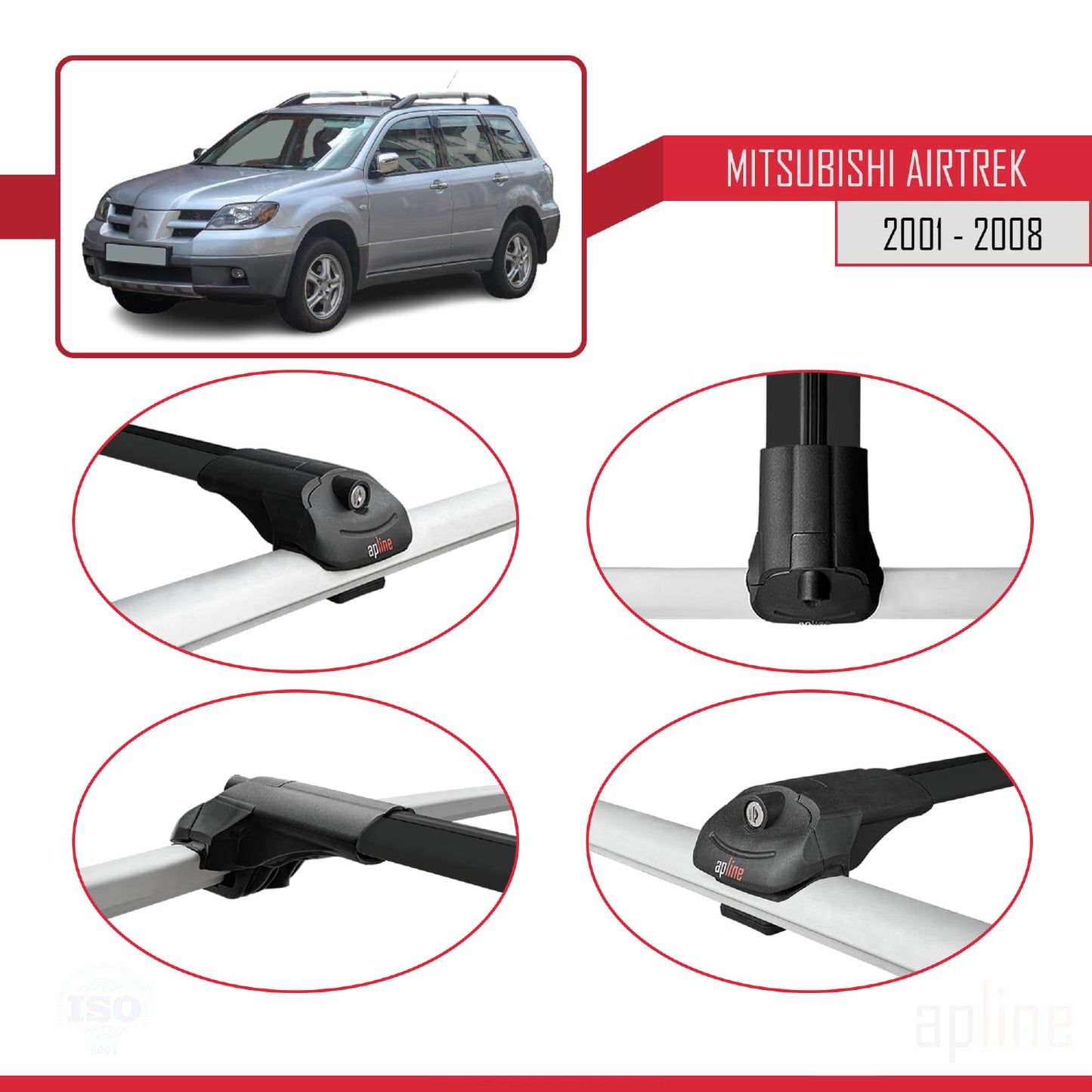 Compatible with Mitsubishi Airtrek 2001-2008 ACE-1 Car Roof Rack Cross Bar Black Aluminium 3 Bars