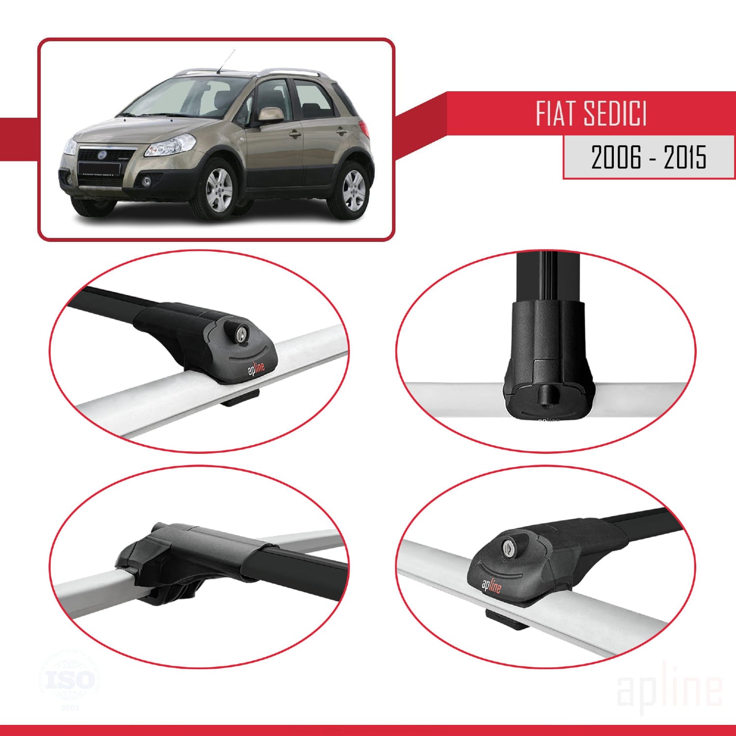 Compatible with Fiat Sedici 2006-2015 ACE-1 Car Roof Rack Cross Bar Black Aluminium 2 Bars