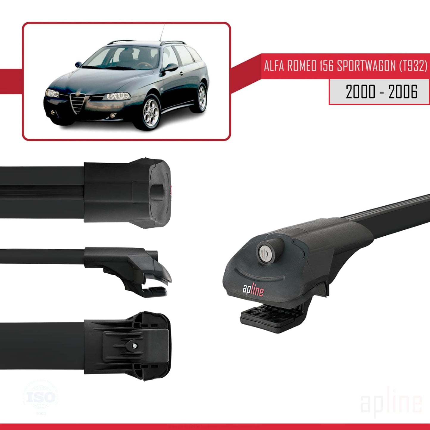 Compatible with Alfa Romeo 156 (T932) SW 2000-2006 ACE-1 Car Roof Rack Cross Bar Black Aluminium 2 Bars