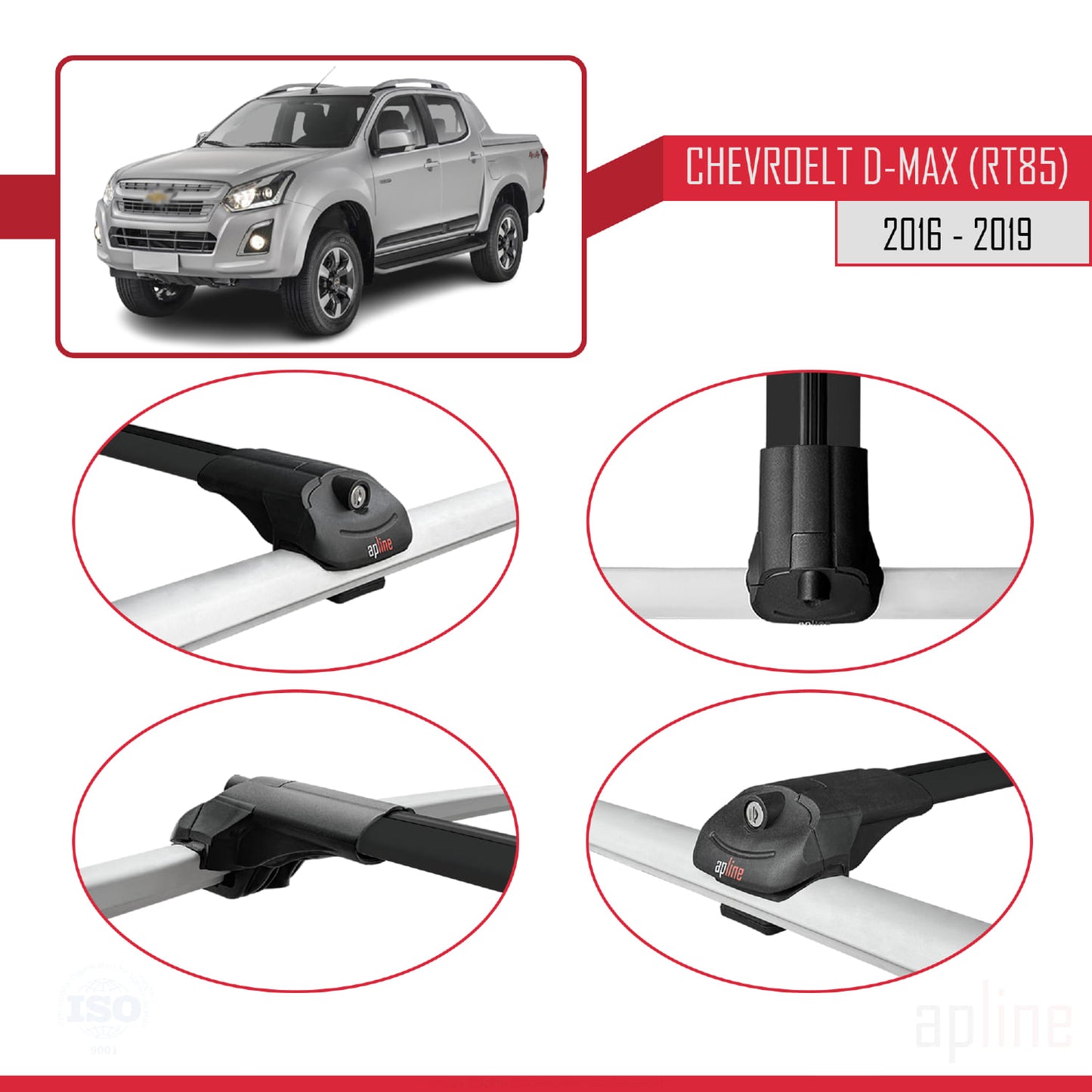 Compatible with Chevrolet D-Max (RT85) 2016-2019 ACE-1 Car Roof Rack Cross Bar Black Aluminium 3 Bars