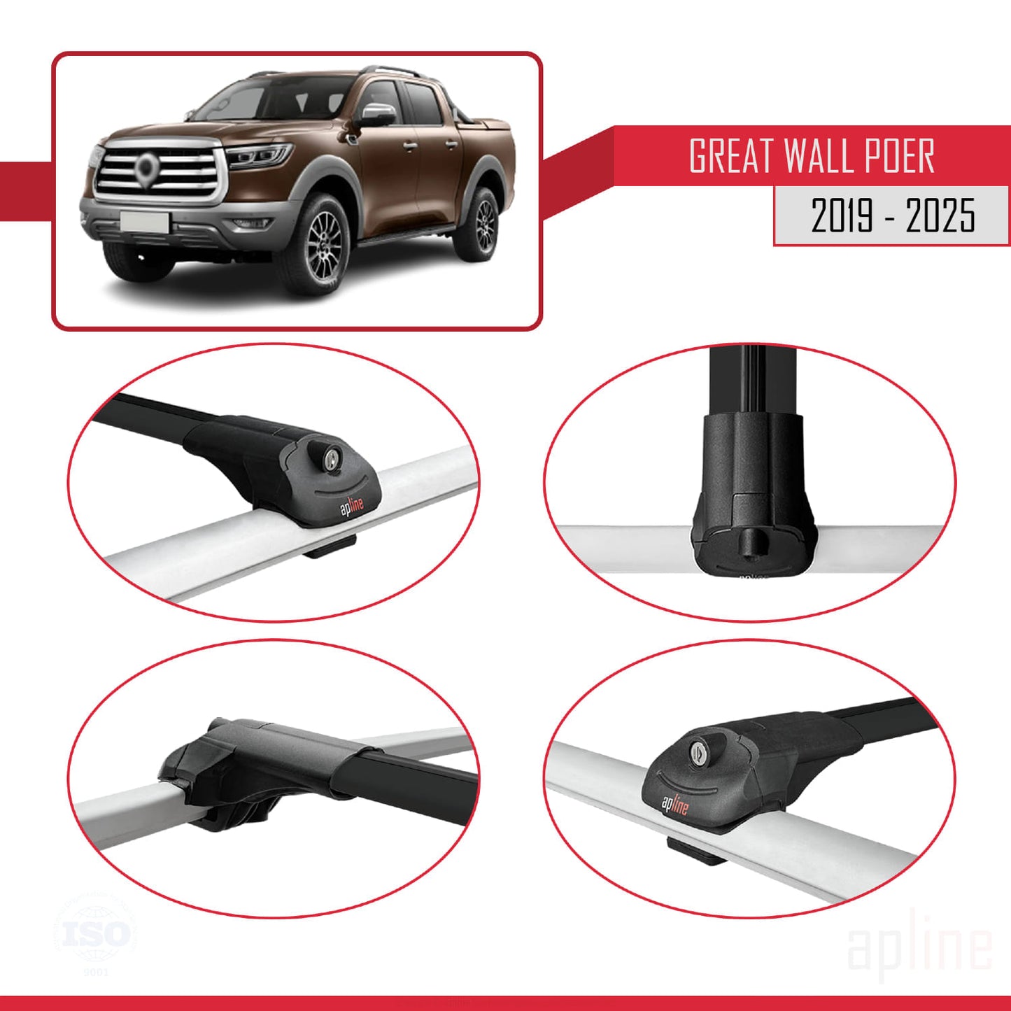 Compatible with Great Wall Poer 2019-2025 ACE-1 Car Roof Rack Cross Bar Black Aluminium 3 Bars