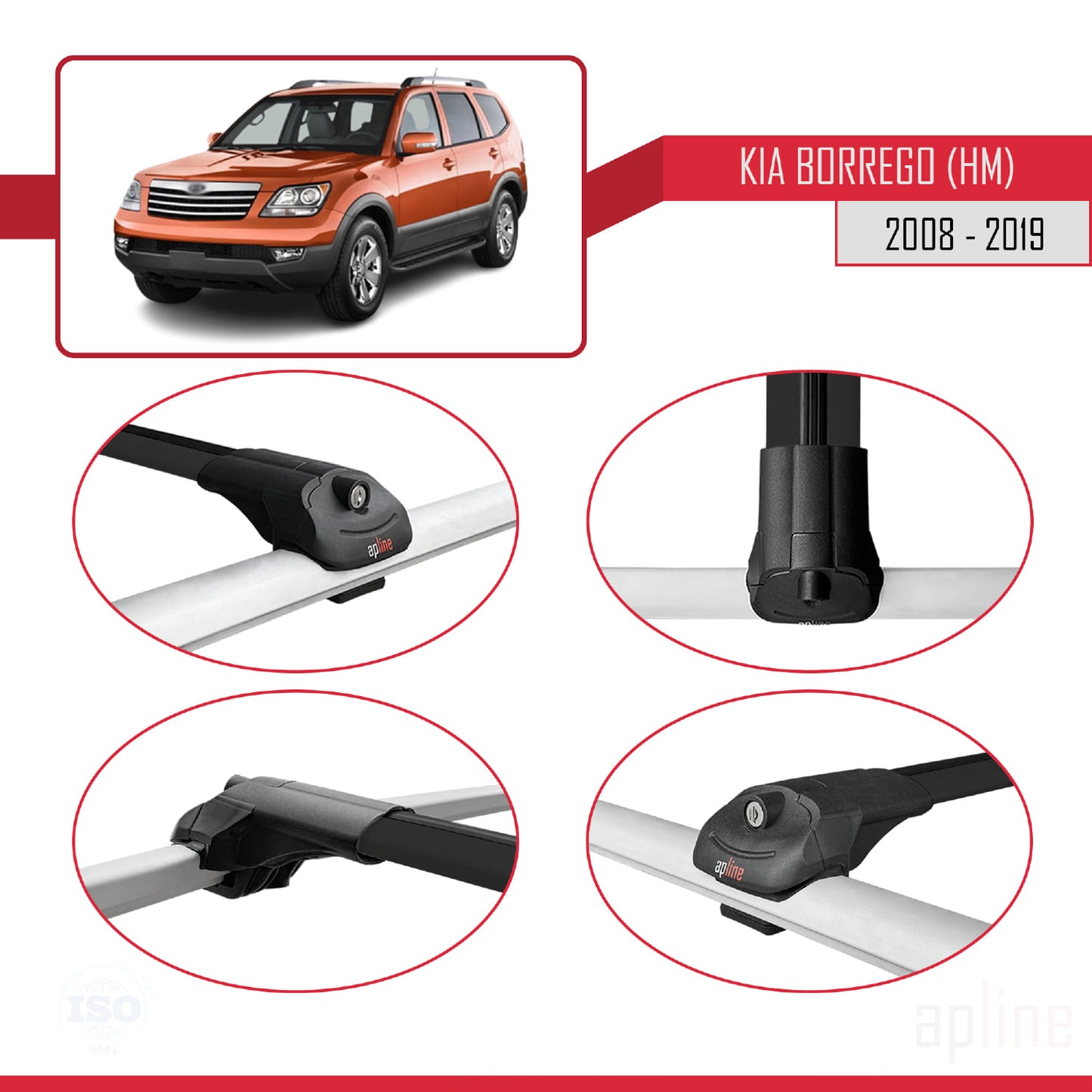 Compatible with Kia Borrego (HM) 2008-2019 ACE-1 Car Roof Rack Cross Bar Black Aluminium 3 Bars
